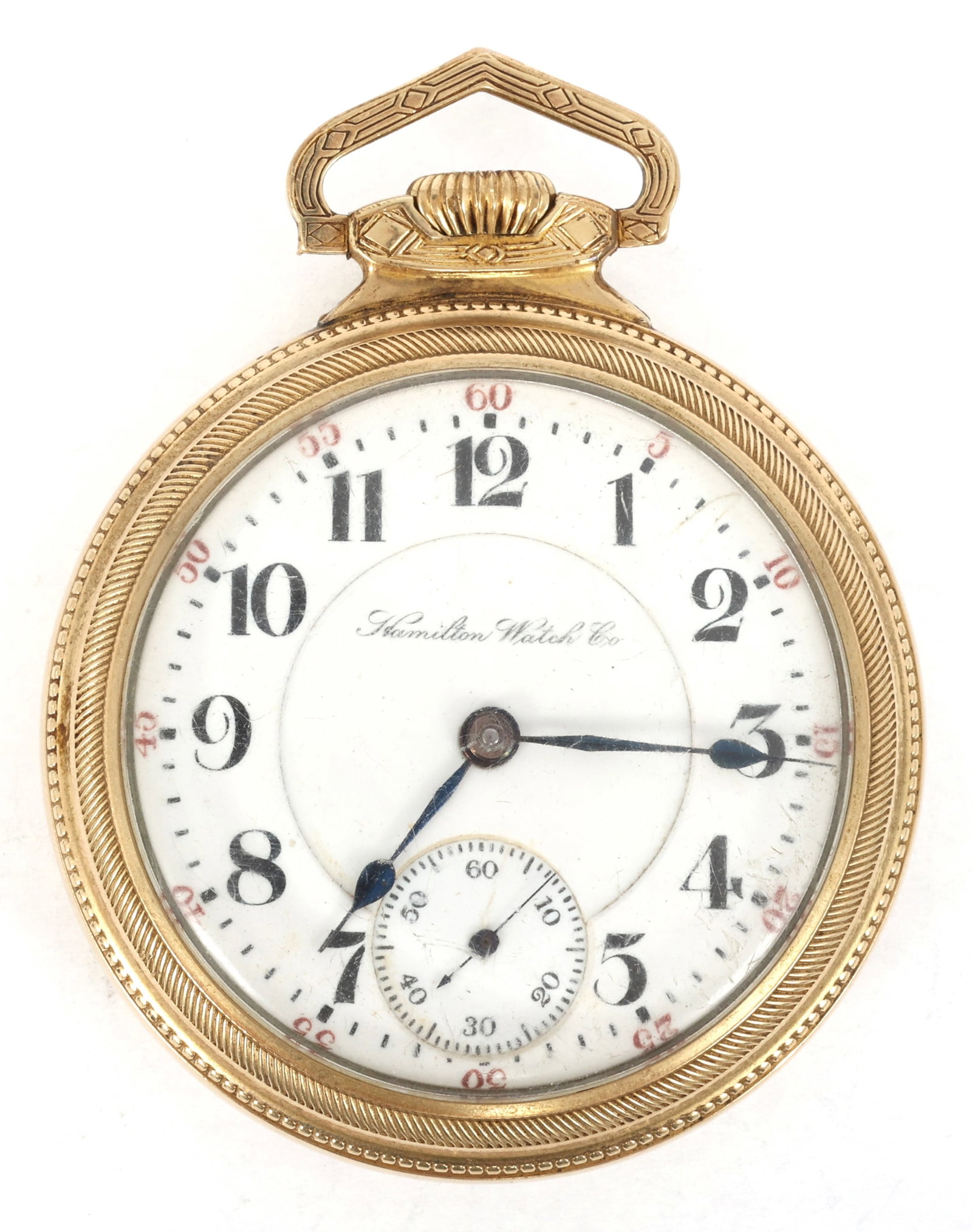 HAMILTON GOLD-FILLED CASE RAILROAD GRADE POCKET WATCH: HAMILTON GOLD-FILLED CASE RAILROAD GRADE POCKET WATCH Hamilton gold-filled case pocket watch: Open face Arabic numerals Movement/Serial #:176781 21 jewels