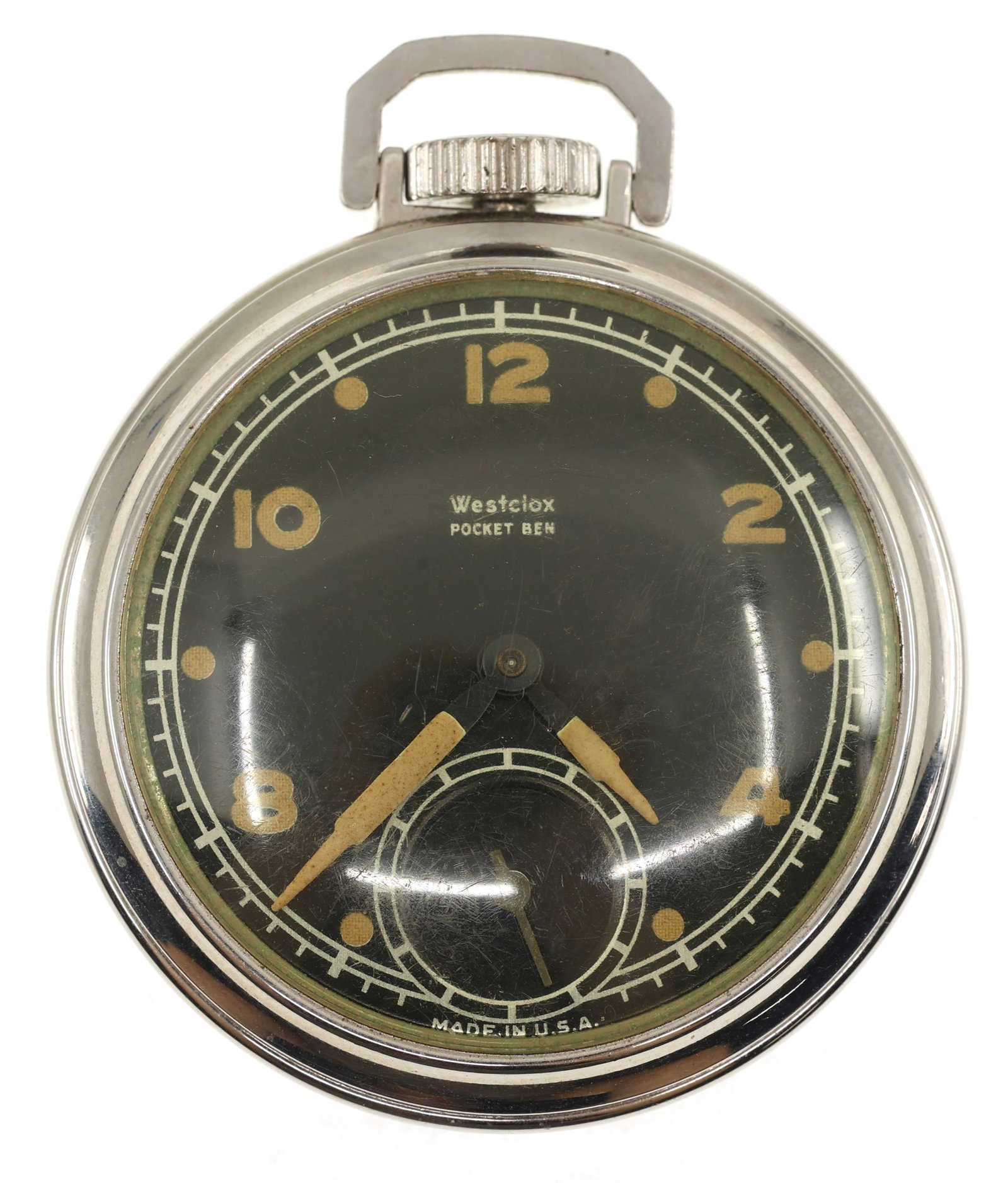 STAINLESS STEEL WESTCLOX "POCKET BEN" POCKET WATCH (1 of 4)