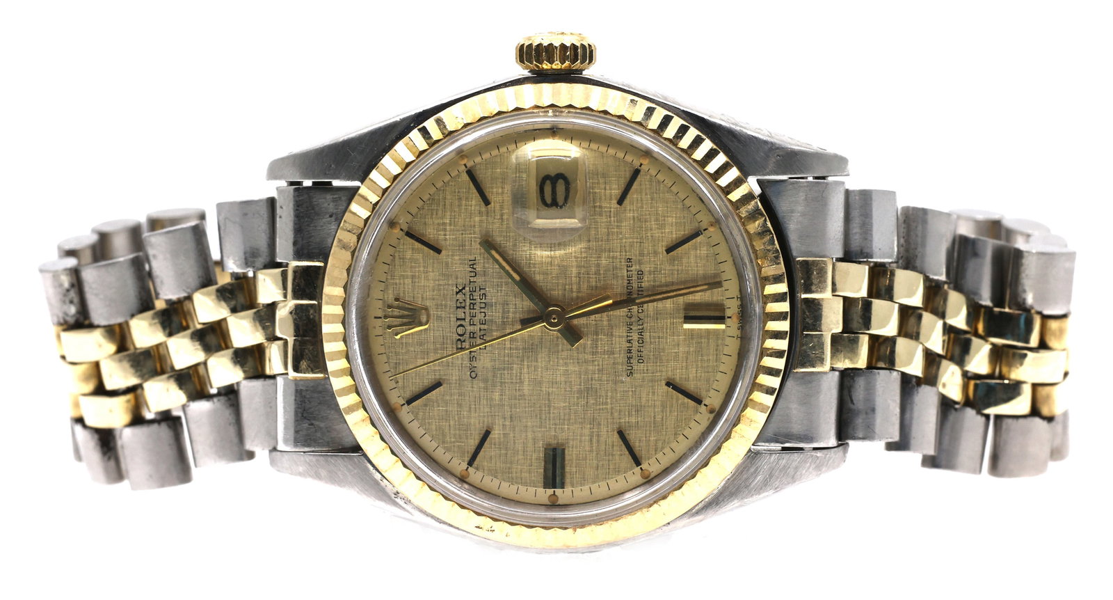MEN'S ROLEX DATEJUST TWO-TONE STAINLESS STEEL WATCH: MEN'S ROLEX DATEJUST TWO-TONE STAINLESS STEEL WATCH Men's Rolex DateJust two-tone (18K gold accented) stainless steel Oyster Perpetual wristwatch: Baton markers Sapphire crystal