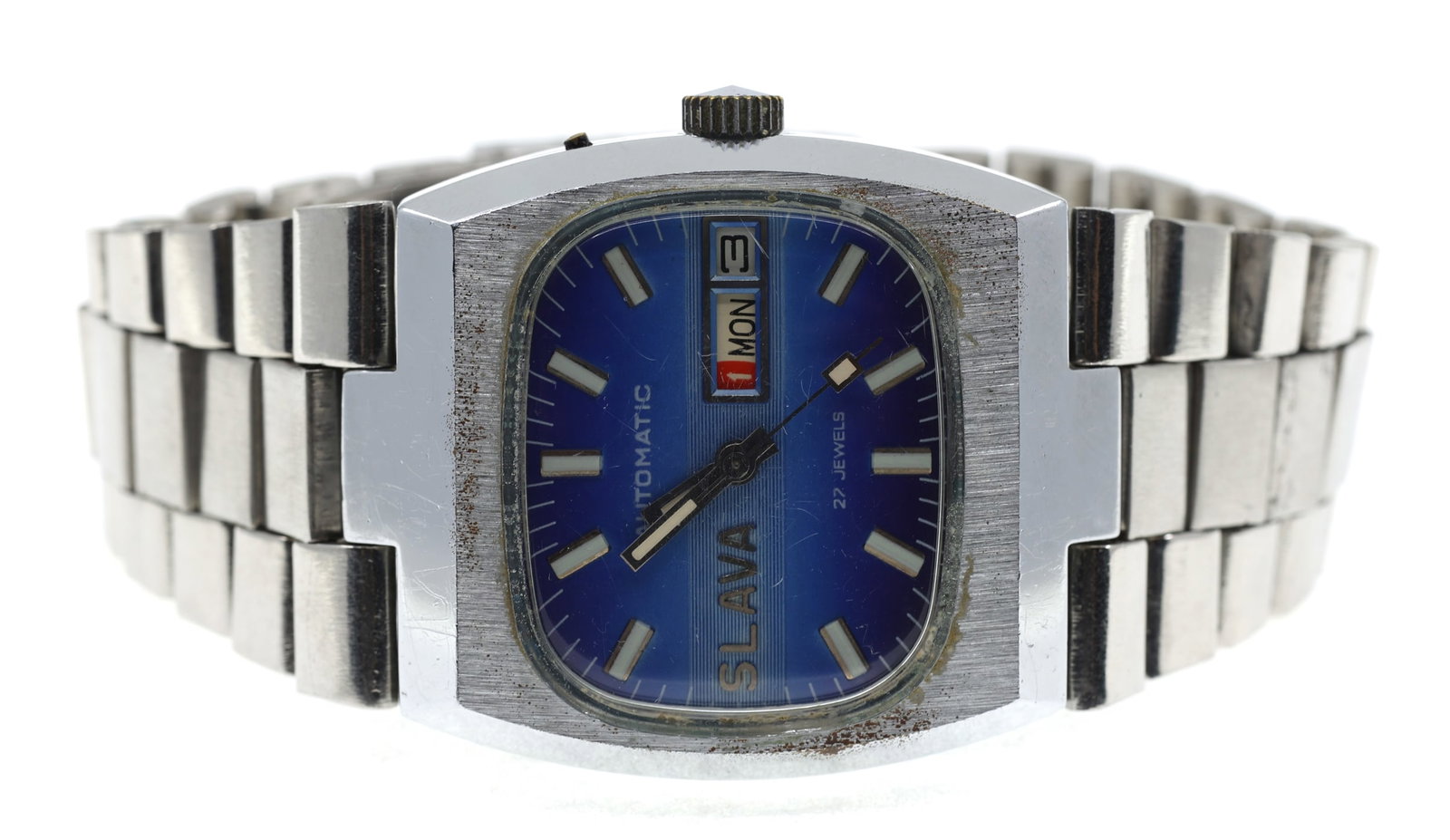 20TH C. SLAVA AUTOMATIC STAINLESS STEEL WRISTWATCH: 20TH C. SLAVA AUTOMATIC STAINLESS STEEL WRISTWATCH Mid-20th-century Slava automatic stainless steel wristwatch: Luminous baton markers Blue dial 27 jewels Date/Calendar window Size: 37 x