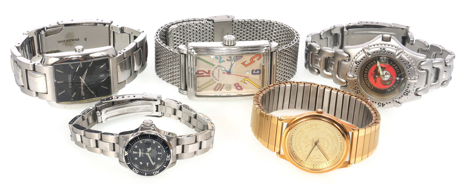 MEN'S & WOMEN'S STAINLESS STEEL QUARTZ MOVEMENT WATCHES: MEN'S & WOMEN'S STAINLESS STEEL QUARTZ MOVEMENT WATCHES Men's and women's stainless steel quartz movement wrist watches. Makers include: Fossil Helbros Invicta Stührling Frontier Distributing