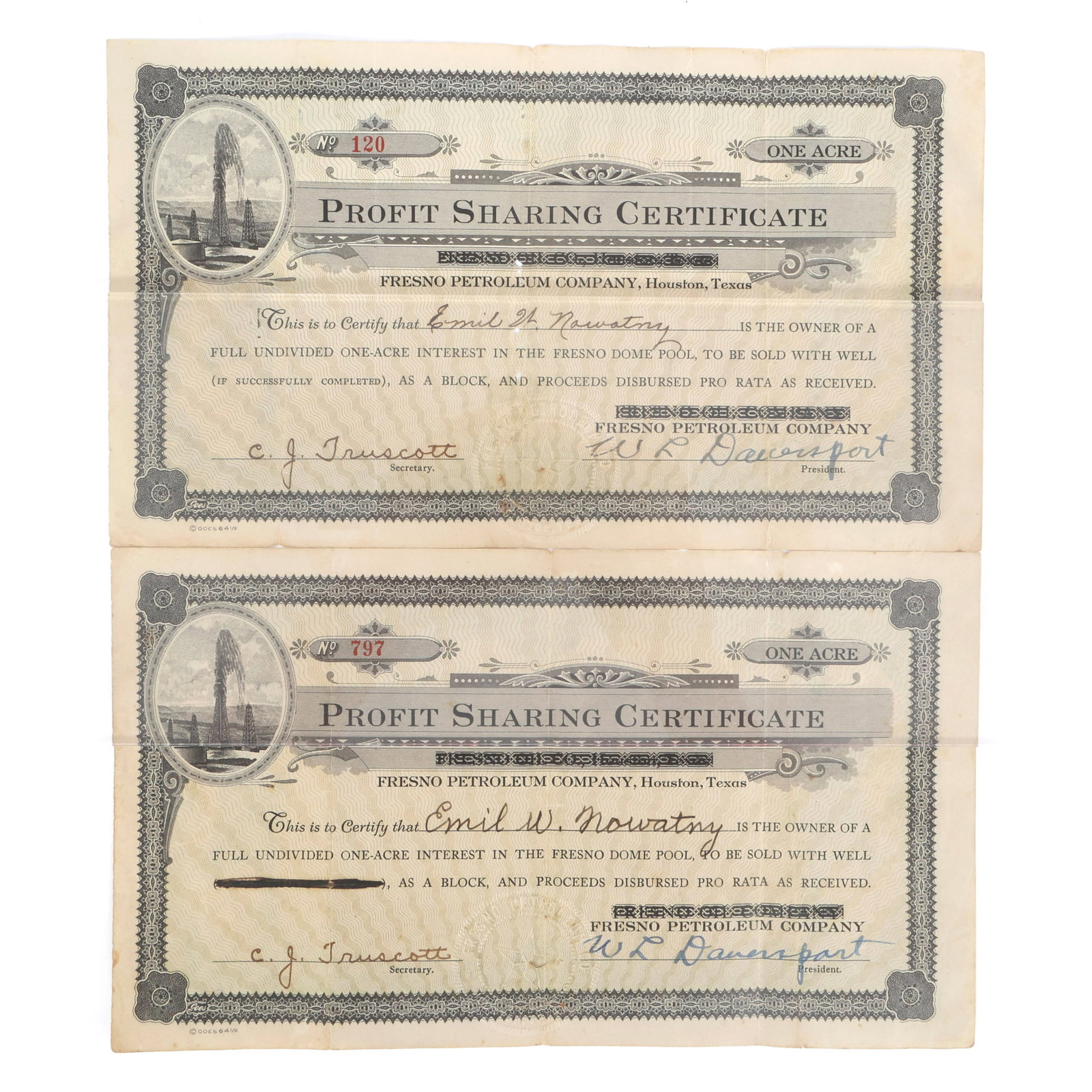 20TH C. PROFIT SHARING CERTIFICATES FRESNO PETRO. CO.: 20TH C. PROFIT SHARING CERTIFICATES FRESNO PETRO. CO. 20th-century profit-sharing certificates for Fresno Petroleum Company of Houston, Texas: #120: Fully Undivided 1 Acre Interest In The Fresno