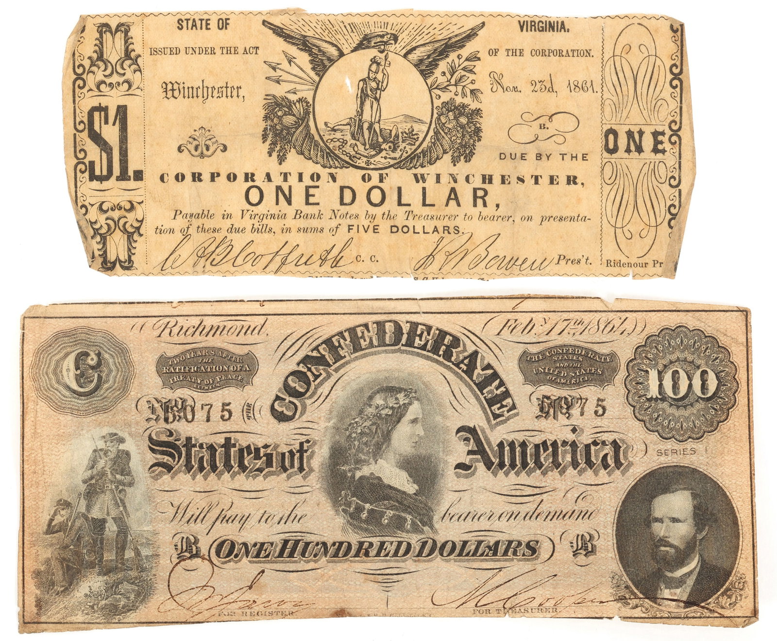 1860s OBSOLETE CURRENCY CORP OF VA $1 & CSA VA $100 (1 of 6)