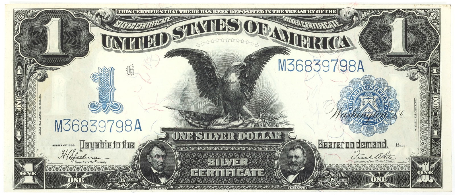 1899 US $1 SILVER CERTIFICATE BLACK EAGLE LARGE NOTE XF-AU: 1899 US $1 SILVER CERTIFICATE BLACK EAGLE LARGE NOTE XF-AU 1899 United States $1 silver certificate, Black Eagle, large note, XF-AU. IMPORTANT NOTE - PLEASE READ: REGARDING OUR IN-HOUSE