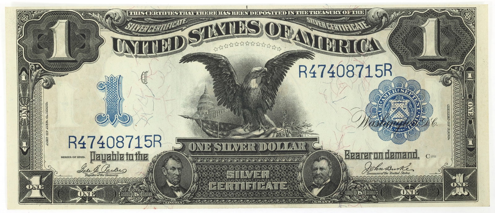 1899 US $1 SILVER CERTIFICATE BLACK EAGLE LARGE NOTE XF-AU: 1899 US $1 SILVER CERTIFICATE BLACK EAGLE LARGE NOTE XF-AU 1899 United States $1 silver certificate, Black Eagle, large note, XF-AU. IMPORTANT NOTE - PLEASE READ: REGARDING OUR IN-HOUSE