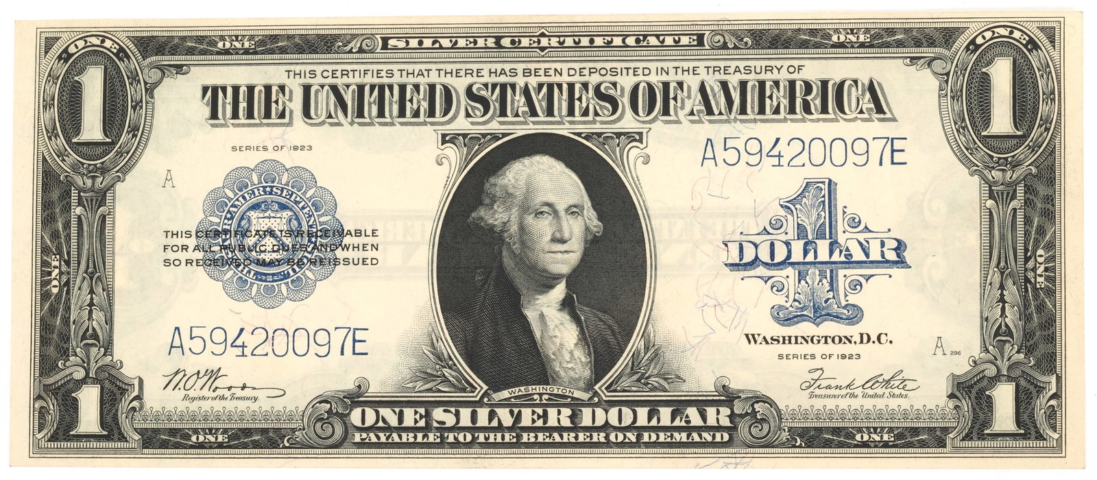 1923 US $1 BLUE SEAL SILVER CERTIFICATE LARGE NOTE XF-AU (1 of 2)