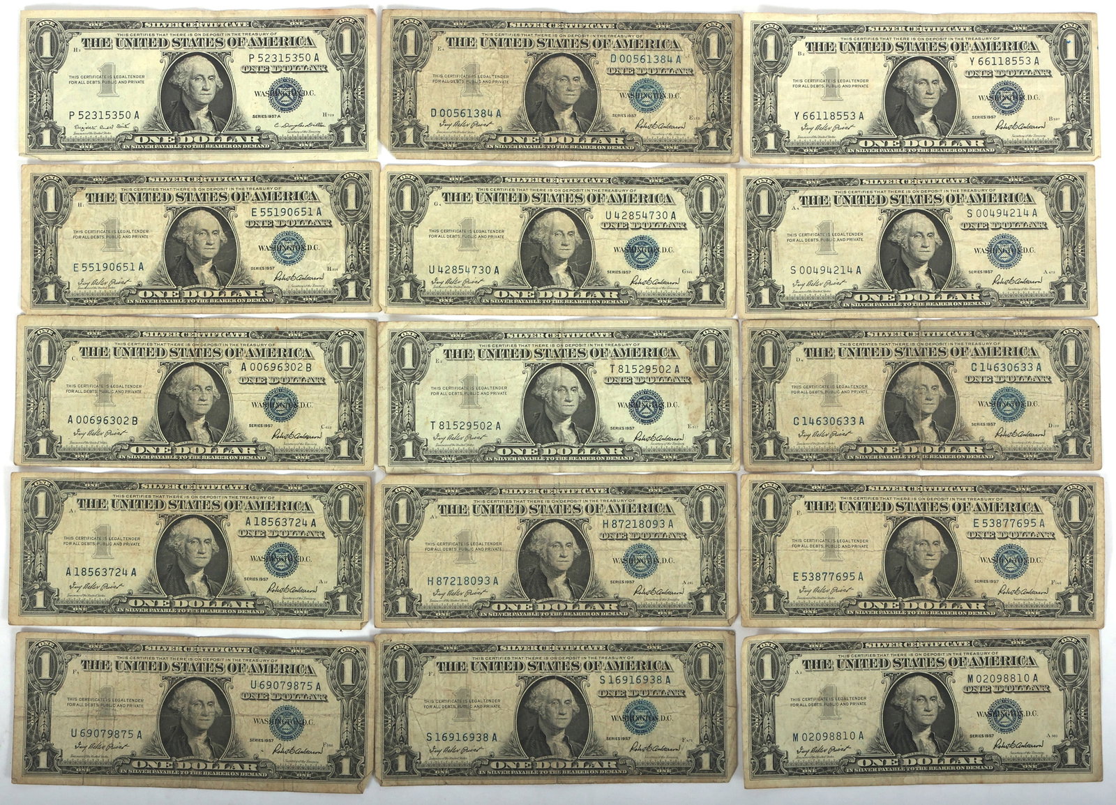 1957 US $1 BLUE SEAL SILVER CERTIFICATES $15 FACE (1 of 8)