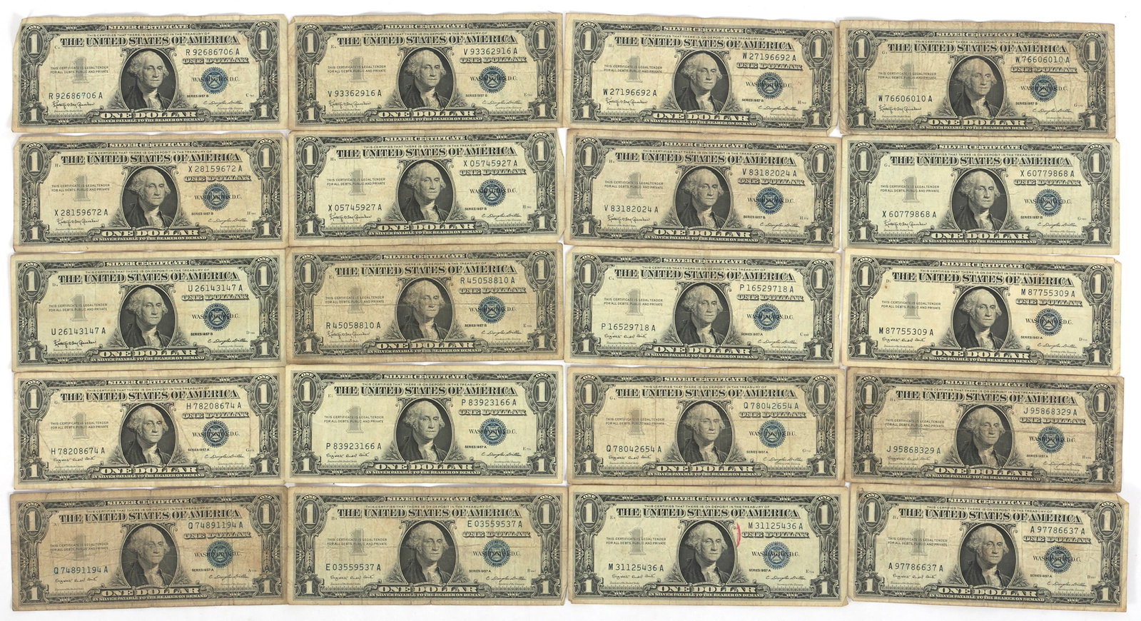 1957 US $1 BLUE SEAL SILVER CERTIFICATES $20 FACE (1 of 6)