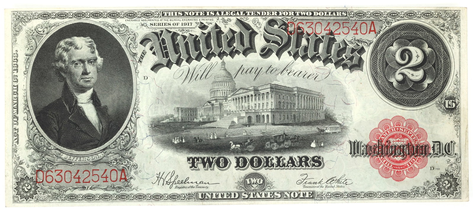 1917 US $2 RED SEAL LARGE NOTE XF-AU: 1917 US $2 RED SEAL LARGE NOTE XF-AU 1917 United States $2 red seal large note, XF-AU. IMPORTANT NOTE - PLEASE READ: REGARDING OUR IN-HOUSE SHIPPING & INVOICING Shipping: Auctioneers no longer h