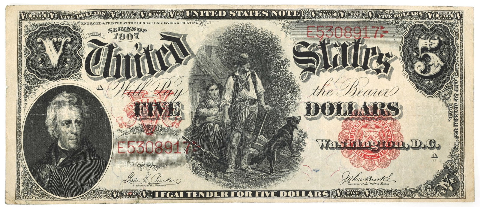 1907 US $5 RED SEAL WOODCHOPPER LARGE NOTE VF: 1907 US $5 RED SEAL WOODCHOPPER LARGE NOTE VF 1907 United States $5 red seal, Woodchopper, large note, VF. IMPORTANT NOTE - PLEASE READ: REGARDING OUR IN-HOUSE SHIPPING & INVOICING Shipping: Auc