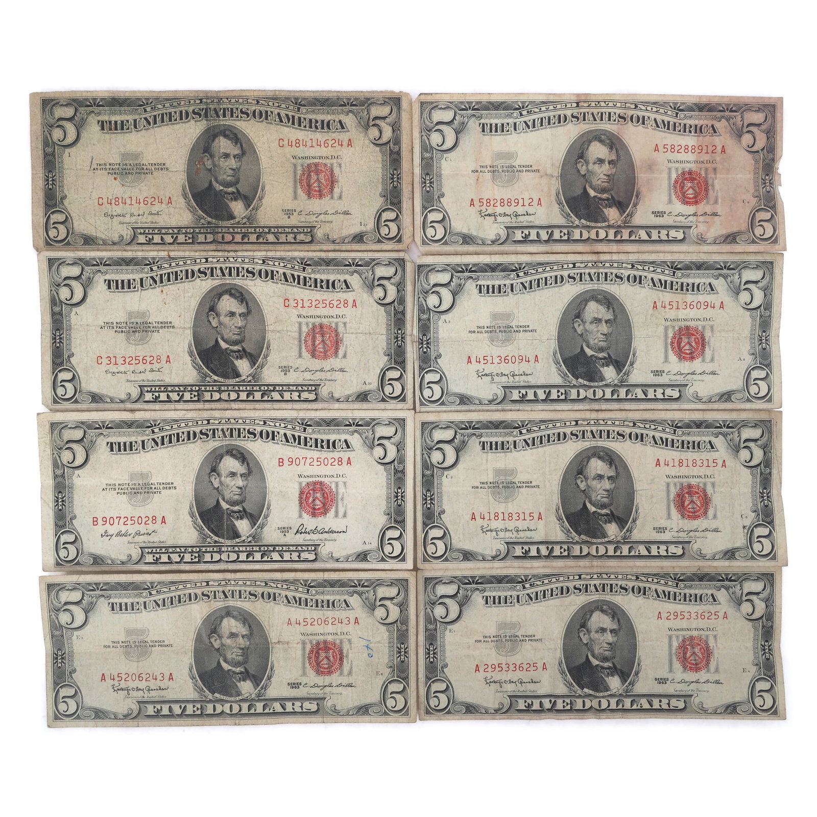 US $5 RED SEAL NOTES - LOT OF 8 (1 of 5)