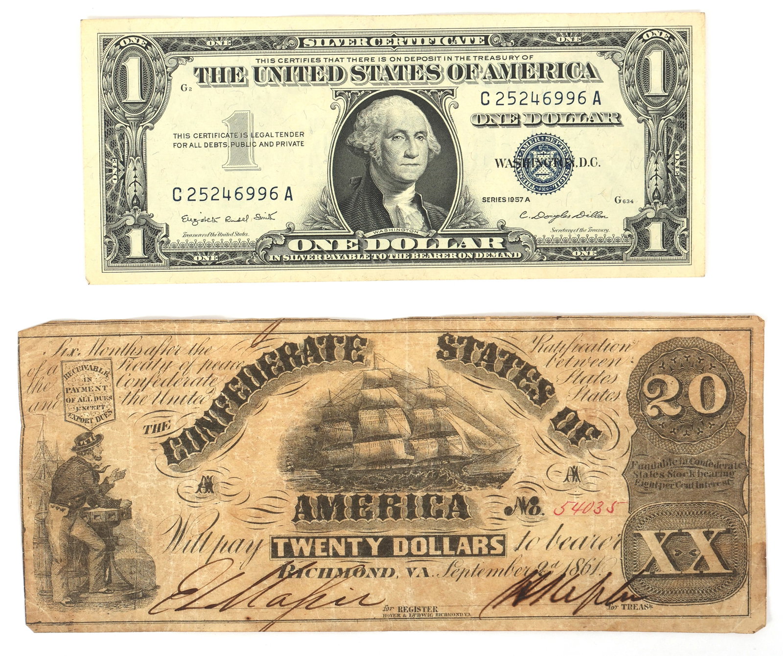 1957-A US $1 BLUE SEAL SILVER CERT & 1861 $20 CSA NOTE: 1957-A US $1 BLUE SEAL SILVER CERT & 1861 $20 CSA NOTE 19th & 20th C. currency: 1957-A United States $1 blue seal silver certificate 1861 Confederate States of America $20 note