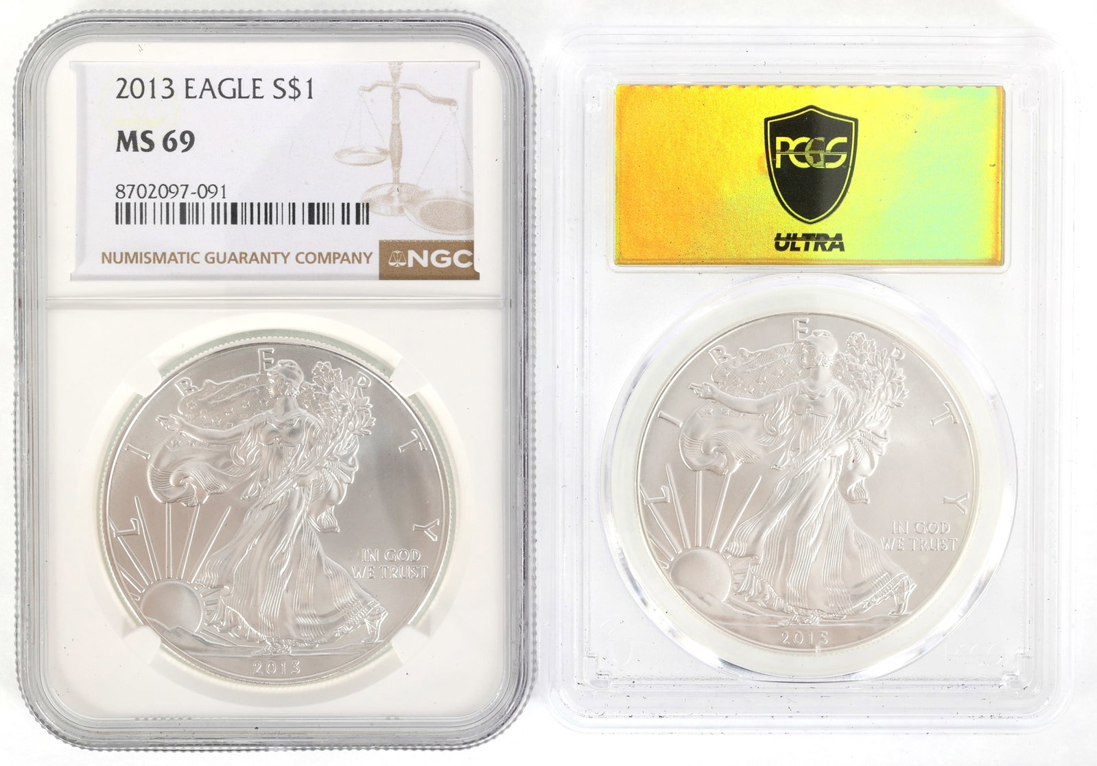 2013 & 2015 US SILVER EAGLE $1 COINS NGC & PCGS MS69 (1 of 2)
