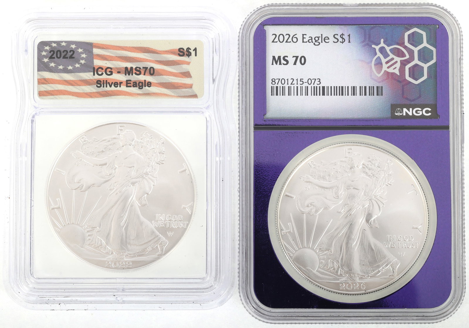 2022 & 2026 US SILVER EAGLE $1 COINS NGC & ICG MS70: 2022 & 2026 US SILVER EAGLE $1 COINS NGC & ICG MS70 Two graded United States .999 silver $1 Eagles: NGC 2026 MS 70, Traderbea purple core ICG 202