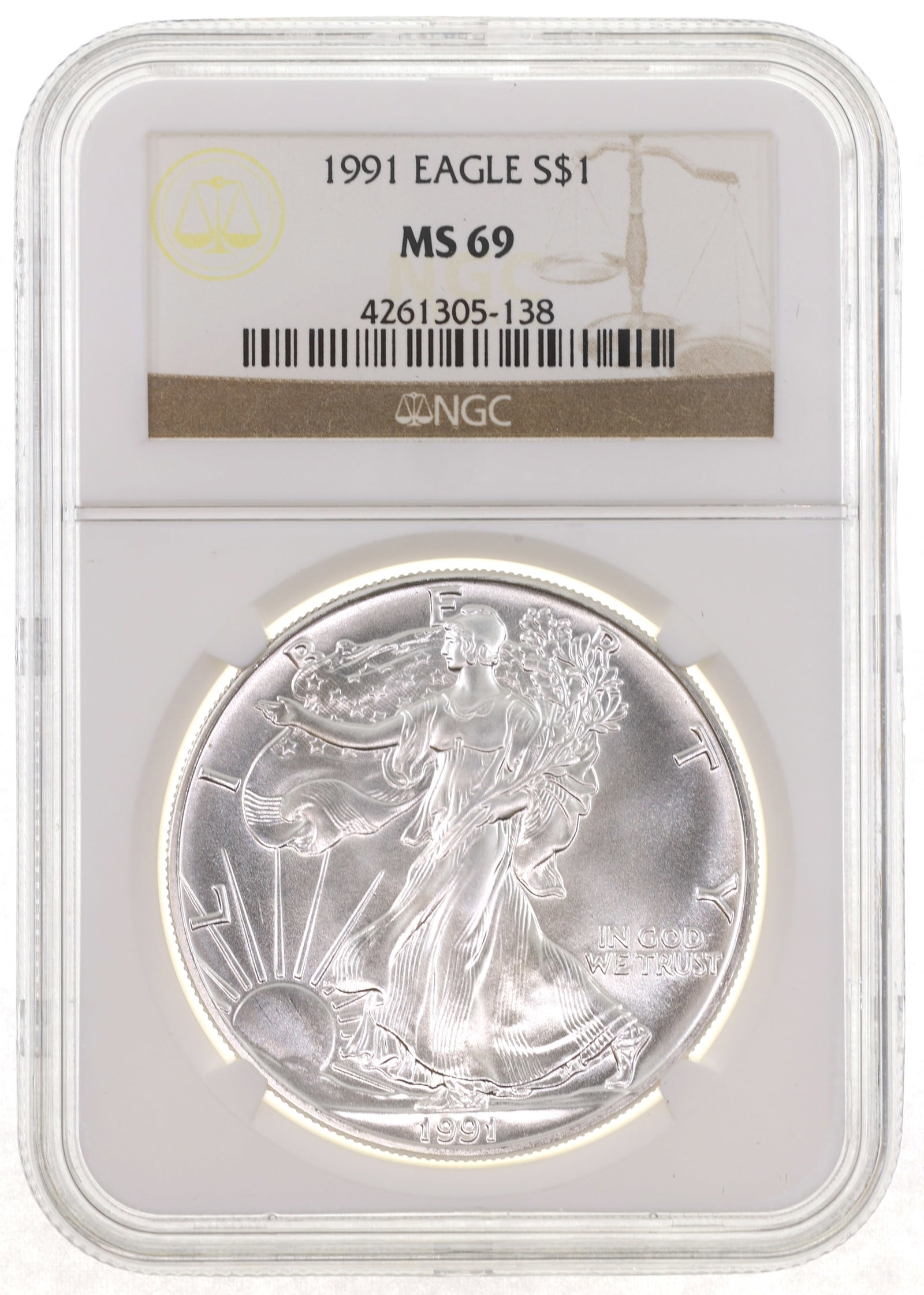 1991 US SILVER EAGLE $1 COIN NGC MS69: 1991 US SILVER EAGLE $1 COIN NGC MS69 NGC graded 1991 United States .999 silver Eagle $1 coin, MS 69. IMPORTANT NOTE - PLEASE READ: REGARDING OUR IN-HOUSE SHIPPING & INVOICING Shipping: Auctione