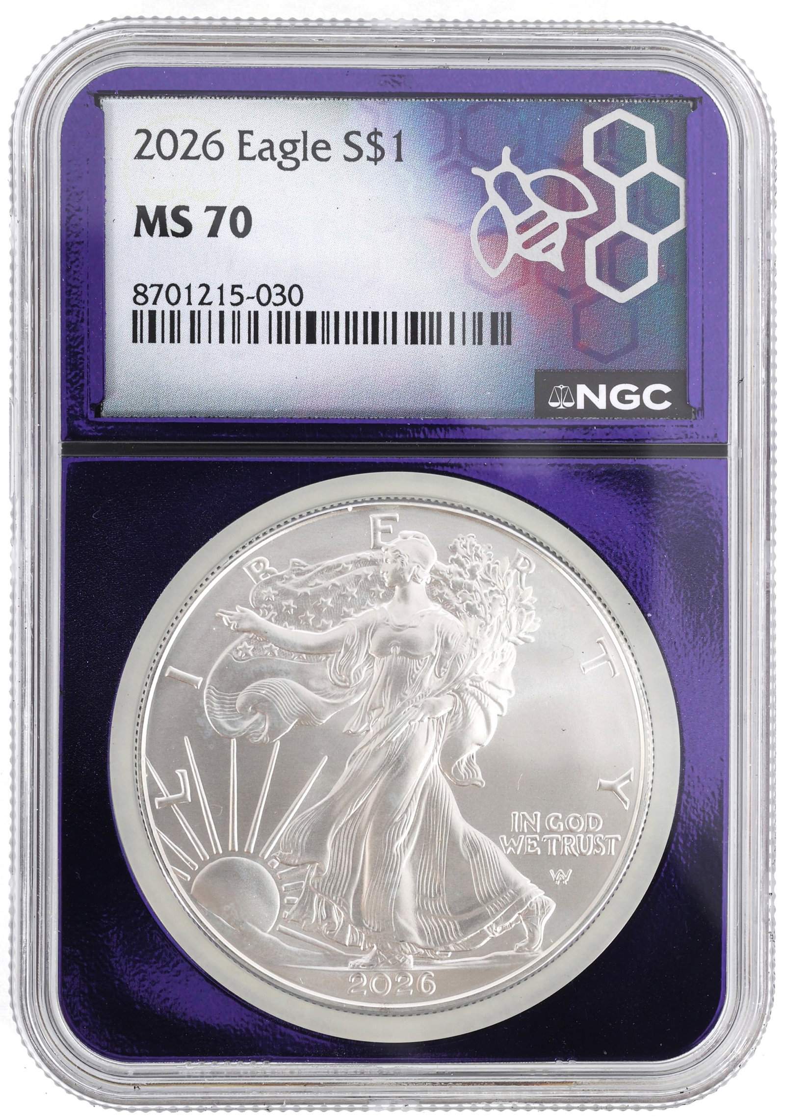 2026 US SILVER EAGLE $1 COIN NGC MS70 TRADERBEA CORE: 2026 US SILVER EAGLE $1 COIN NGC MS70 TRADERBEA CORE NGC graded 2026 United States .999 silver $1 Eagle, MS 70, with Traderbea purple core. IMPORTANT NOTE - PLEASE READ: REGARDING OUR IN-HO