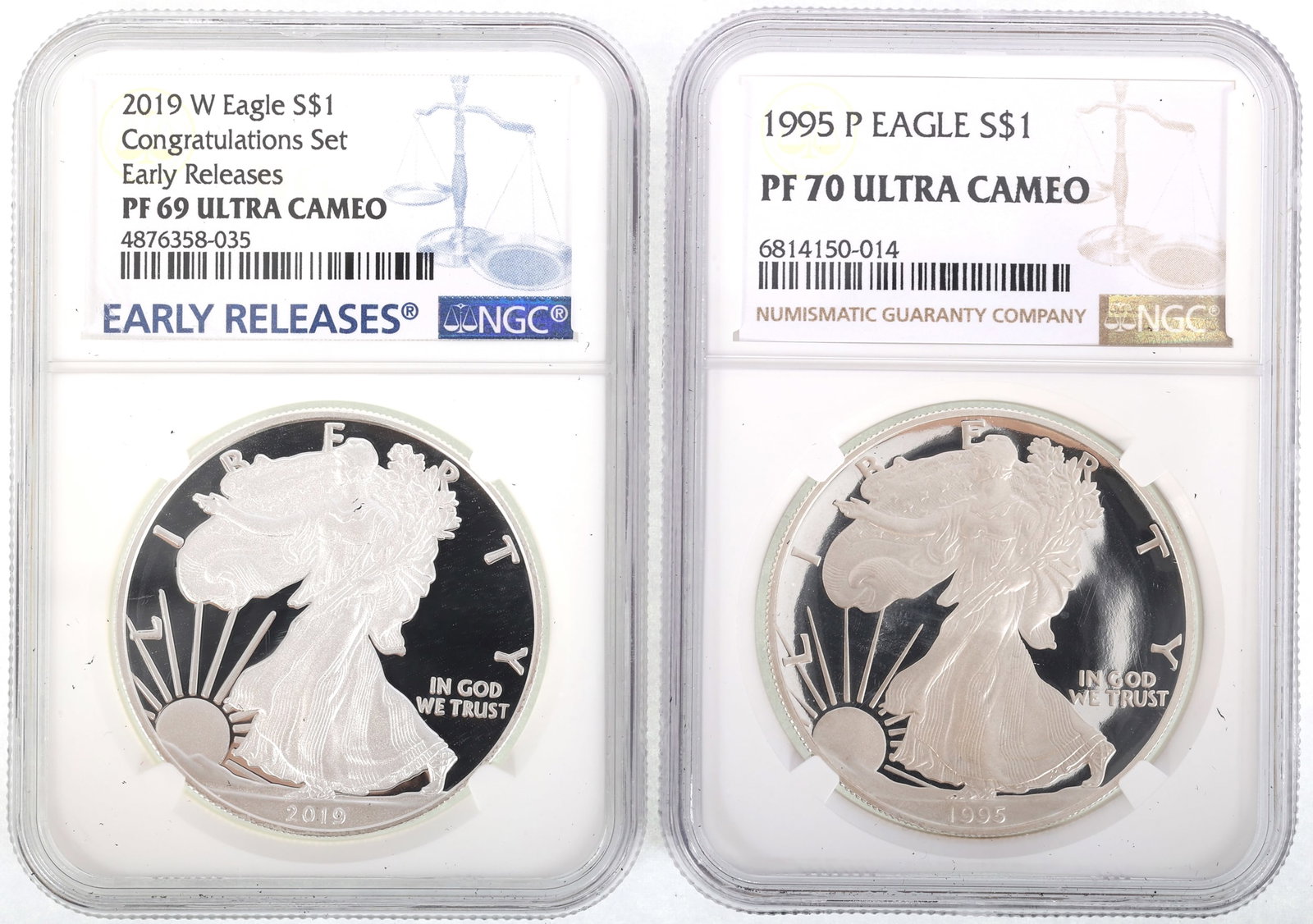 1995 & 2019 US SILVER EAGLE $1 COINS NGC PF ULTRA CAMEO: 1995 & 2019 US SILVER EAGLE $1 COINS NGC PF ULTRA CAMEO Two NGC graded United States .999 silver $1 Eagles, 1995-P PF70 Ultra Cameo and 2019-W PF69 Ultra Cameo. IMPORTANT NOTE - PLEASE