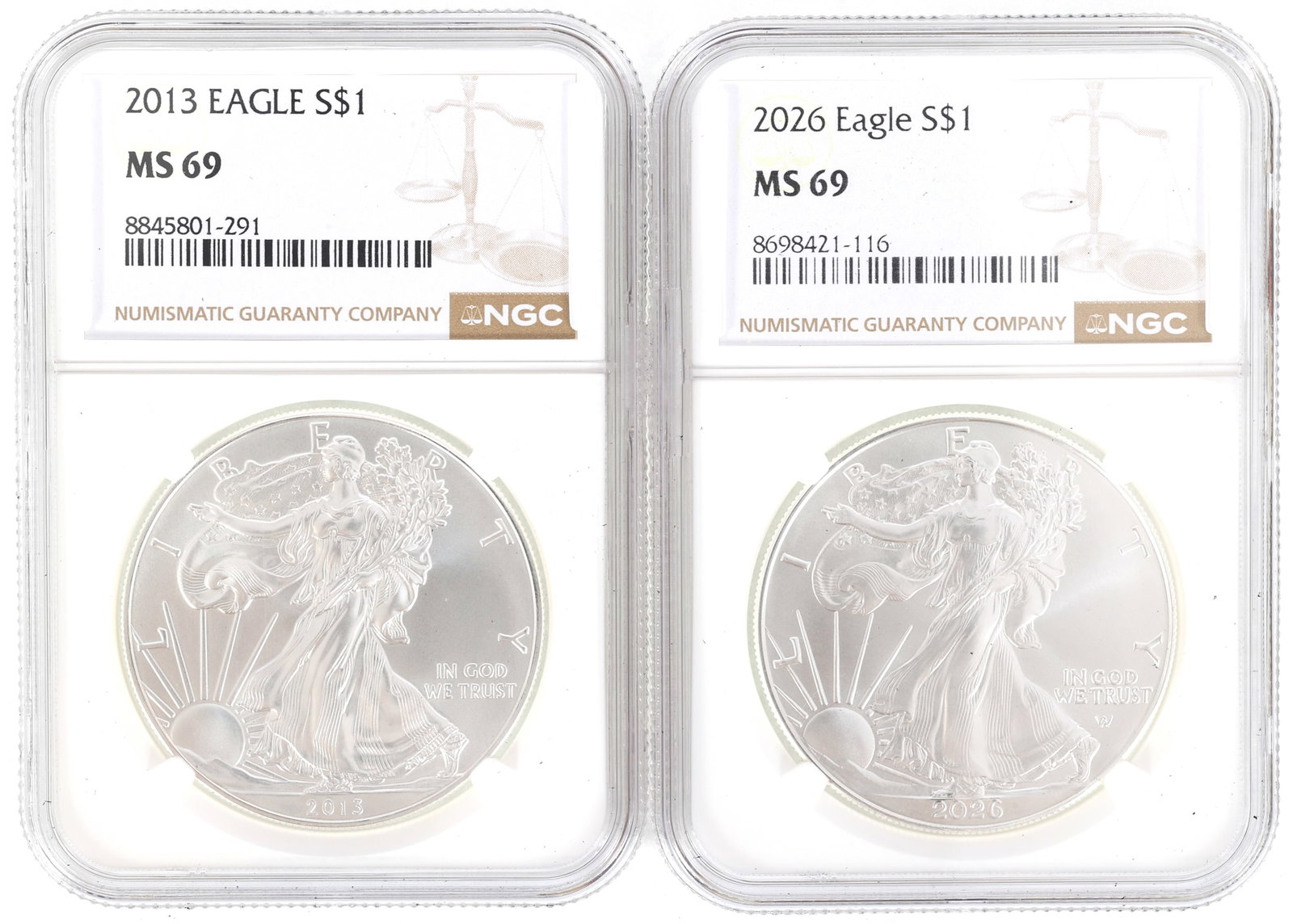 2013 & 2026 US SILVER EAGLE $1 COINS NGC MS69: 2013 & 2026 US SILVER EAGLE $1 COINS NGC MS69 Two NGC graded United States .999 silver $1 Eagles, 2013 and 2026, MS 69. IMPORTANT NOTE - PLEASE READ: REGARDING OUR IN-HOUSE SHIPPING &