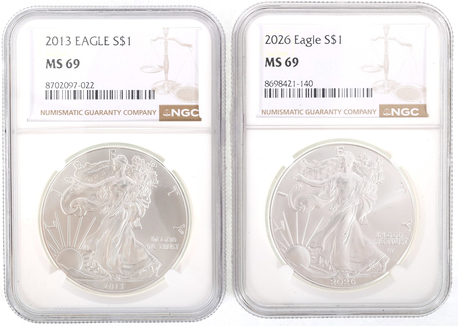 2013 & 2026 US SILVER EAGLE $1 COINS NGC MS69: 2013 & 2026 US SILVER EAGLE $1 COINS NGC MS69 Two NGC graded United States .999 silver $1 Eagles, 2013 and 2026, MS 69. IMPORTANT NOTE - PLEASE READ: REGARDING OUR IN-HOUSE SHIPPING &