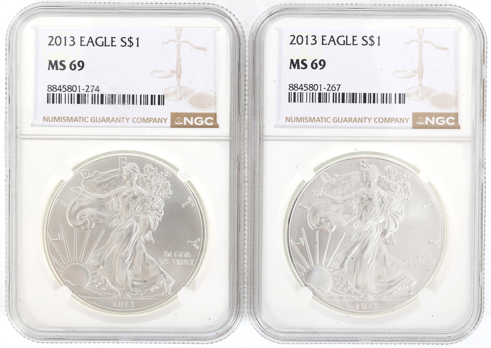 2013 US SILVER EAGLE $1 COINS NGC MS69: 2013 US SILVER EAGLE $1 COINS NGC MS69 Two NGC graded 2013 United States .999 silver $1 Eagles, MS 69. IMPORTANT NOTE - PLEASE READ: REGARDING OUR IN-HOUSE SHIPPING & INVOICING Shipping: