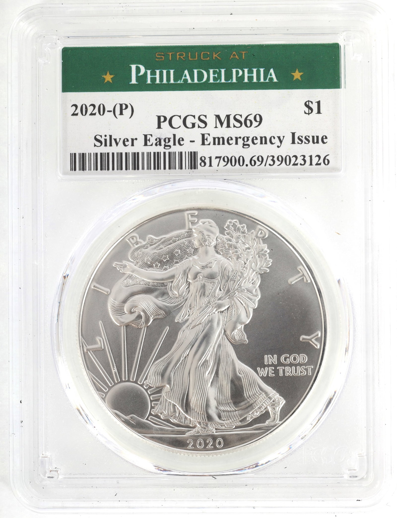 2020-P US SILVER EAGLE $1 COIN PCGS MS69: 2020-P US SILVER EAGLE $1 COIN PCGS MS69 PCGS graded 2020-P United States .999 silver $1 Eagle, Emergency Issue, MS 69. IMPORTANT NOTE - PLEASE READ: REGARDING OUR IN-HOUSE SHIPPING & INVOICING