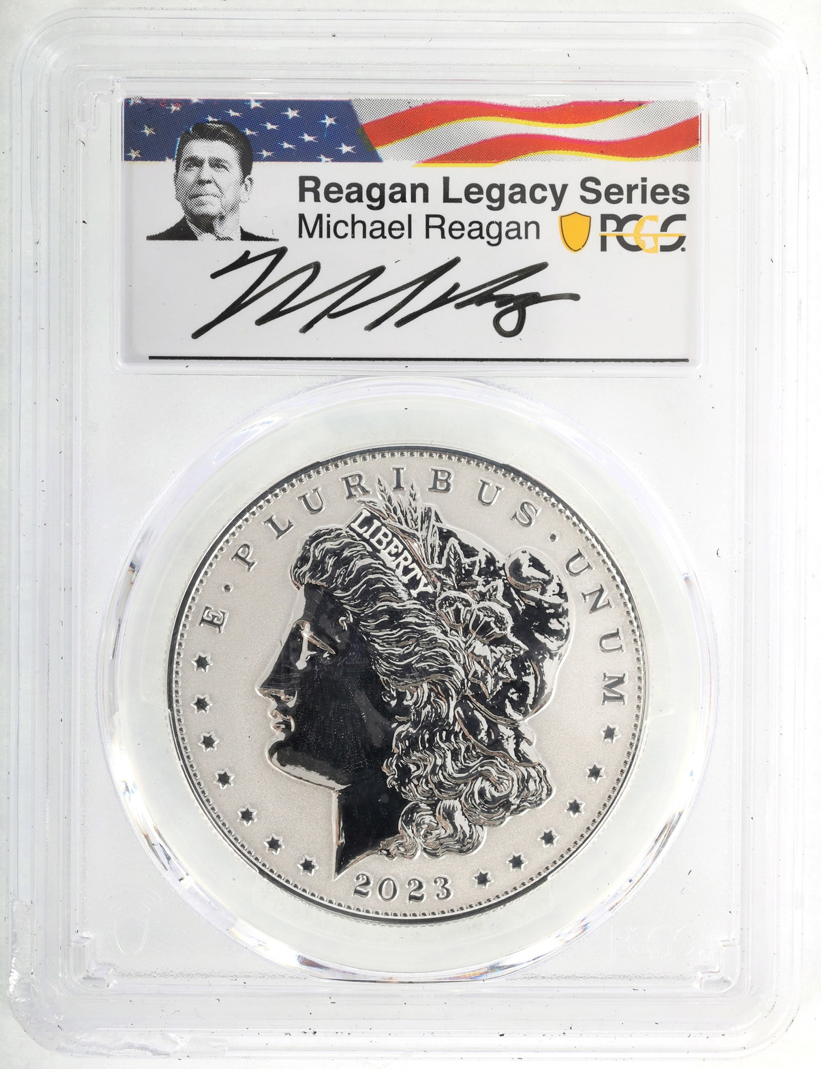 2023-S US SILVER EAGLE MORGAN REV PROOF COIN PCGS PR70: 2023-S US SILVER EAGLE MORGAN REV PROOF COIN PCGS PR70 PCGS graded 2023-S United States .999 silver $1 Eagle, Morgan Dollar Reverse Proof, PR 70. From the Reagan Legacy Series, signed by Michael