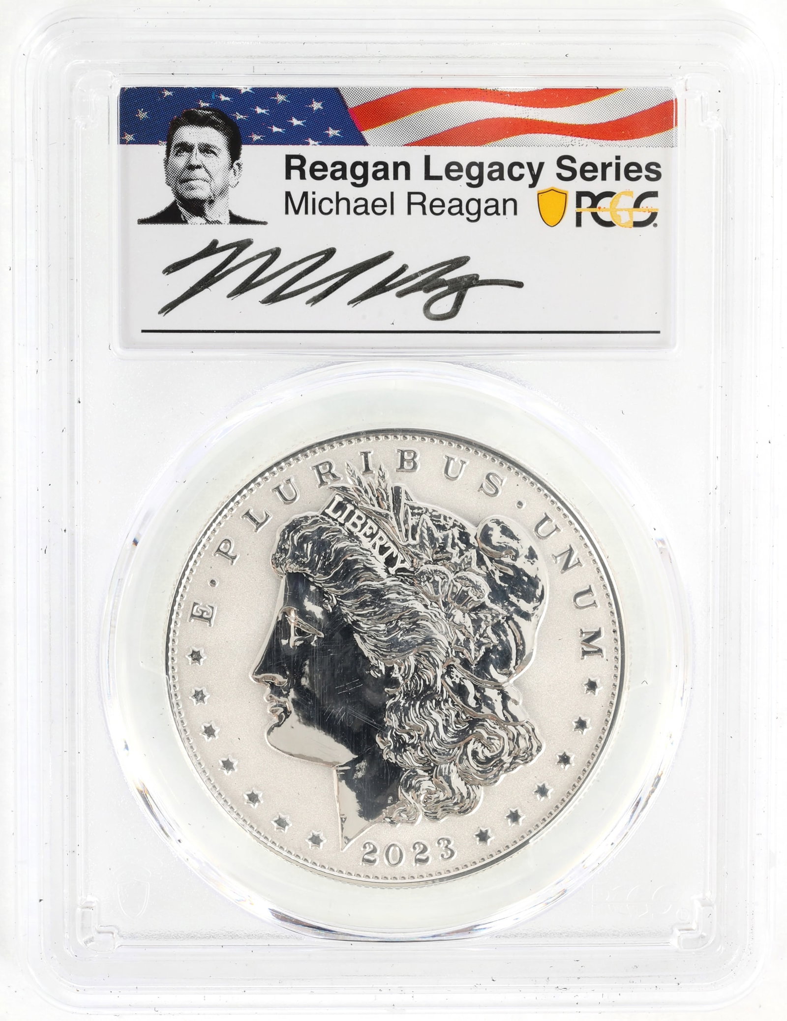 2023-S US SILVER EAGLE MORGAN REV PROOF COIN PCGS PR70: 2023-S US SILVER EAGLE MORGAN REV PROOF COIN PCGS PR70 PCGS graded 2023-S United States .999 silver $1 Eagle, Morgan Dollar Reverse Proof, PR 70. From the Reagan Legacy Series, signed by Michael