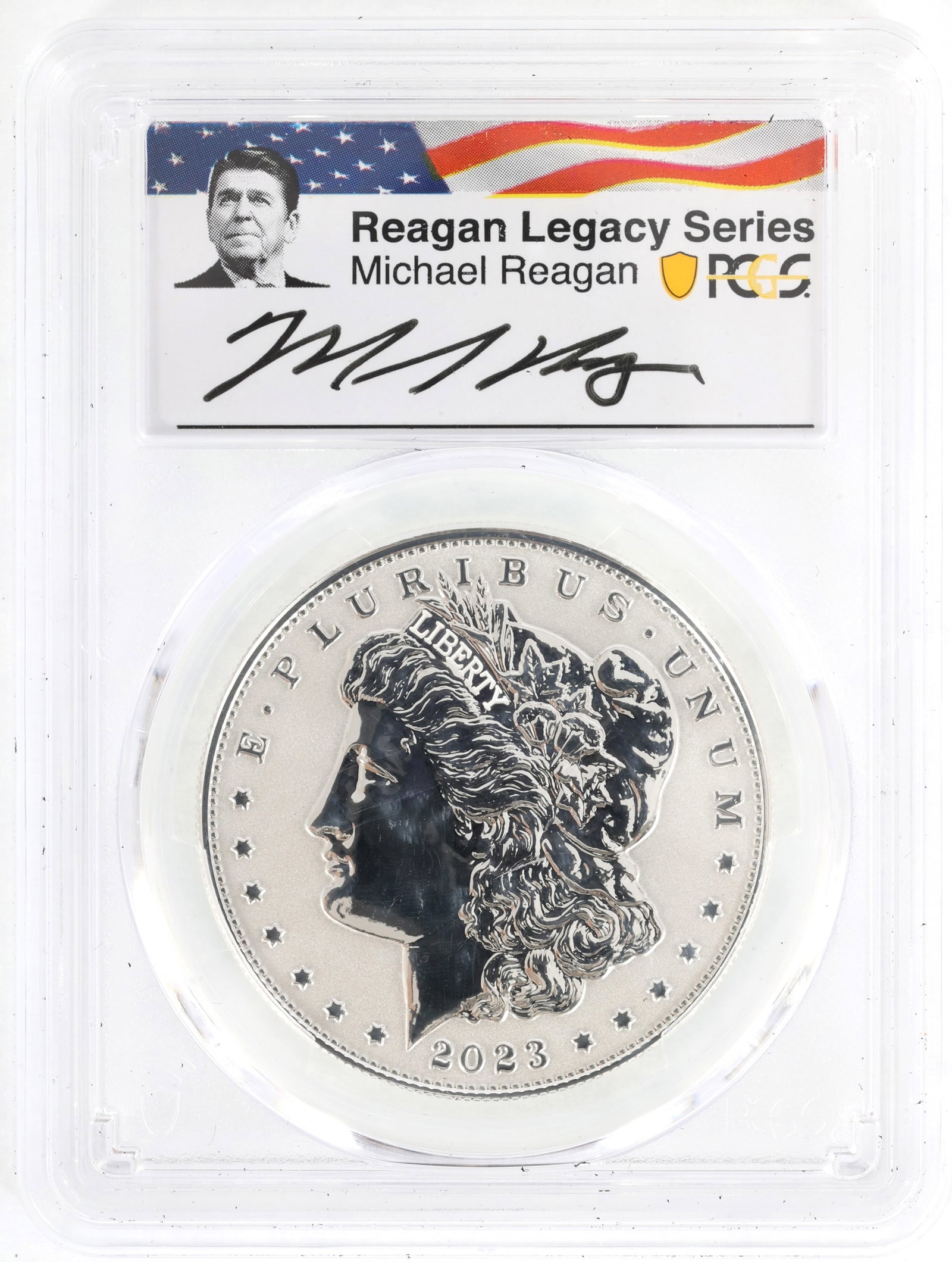 2023-S US SILVER EAGLE MORGAN REV PROOF COIN PCGS PR70: 2023-S US SILVER EAGLE MORGAN REV PROOF COIN PCGS PR70 PCGS graded 2023-S United States .999 silver $1 Eagle, Morgan Dollar Reverse Proof, PR 70. From the Reagan Legacy Series, signed by Michael