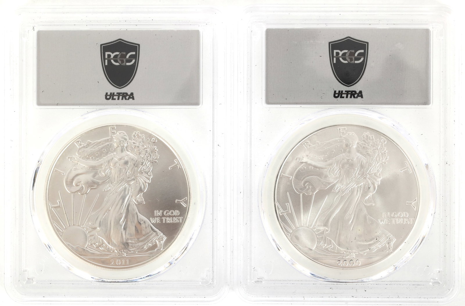 2000 & 2011 US SILVER EAGLE $1 COINS PCGS MS69: 2000 & 2011 US SILVER EAGLE $1 COINS PCGS MS69 Two PCGS graded United States .999 silver $1 Eagles, 2000 and 2011, MS 69. IMPORTANT NOTE - PLEASE READ: REGARDING OUR IN-HOUSE SHIPPING &