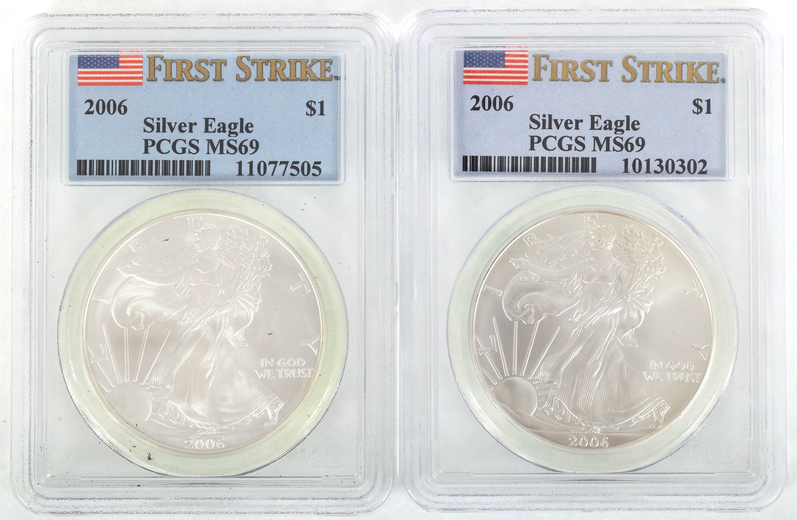 2006 US SILVER EAGLE $1 COINS PCGS MS69 FIRST STRIKE: 2006 US SILVER EAGLE $1 COINS PCGS MS69 FIRST STRIKE Two PCGS graded 2006 United States .999 silver $1 Eagles, First Strike, MS 69. IMPORTANT NOTE - PLEASE READ: REGARDING OUR IN-HOUSE