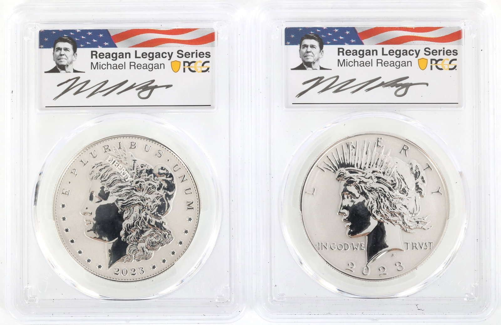 2023-S US SILVER EAGLE MORGAN & PEACE REV PROOF COINS: 2023-S US SILVER EAGLE MORGAN & PEACE REV PROOF COINS Two PCGS graded 2023-S United States .999 silver $1 Eagles, PR 70. From the Reagan Legacy Series, signed by Michael Reagan (1945-2026):