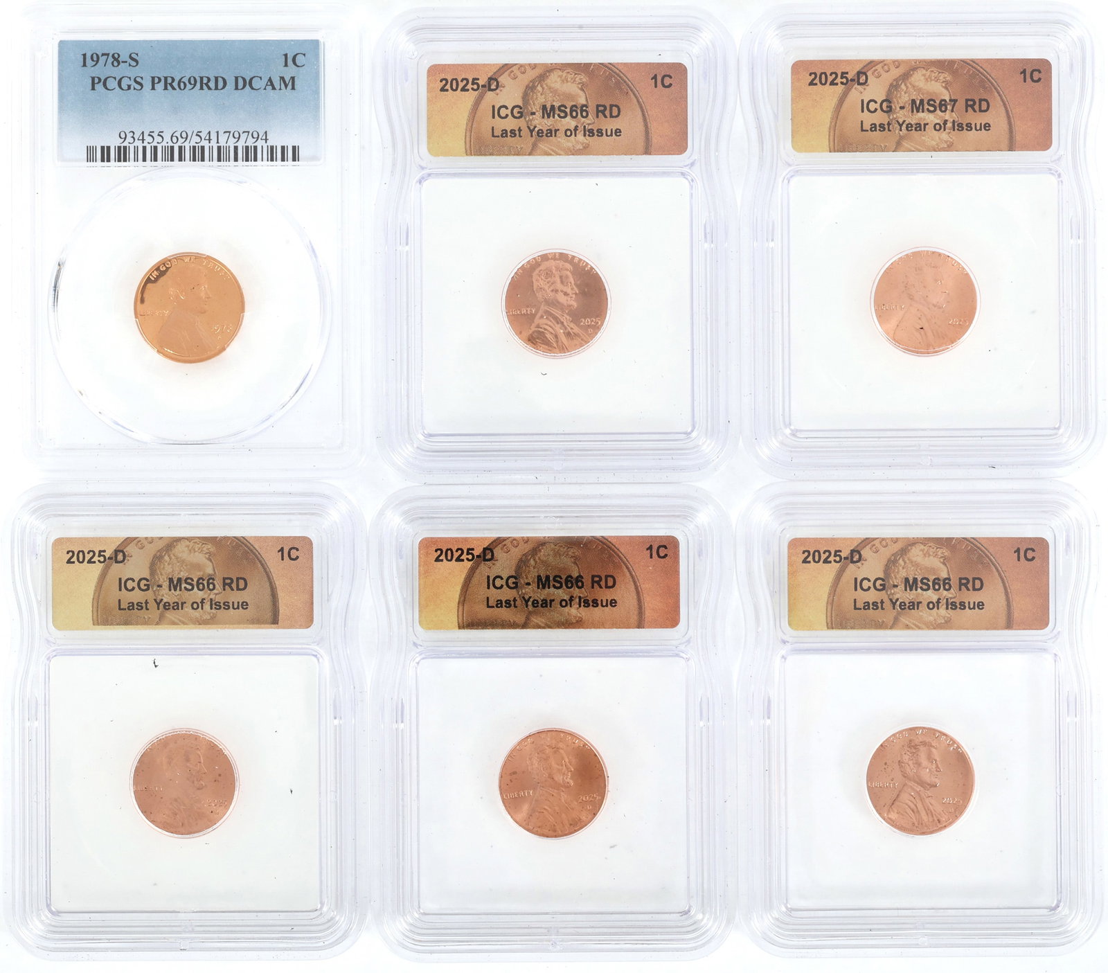 US 1C LINCOLN COINS PCGS & ICG: US 1C LINCOLN COINS PCGS & ICG Six graded United States clad 1c Lincoln coins: ICG (4) 2025-D, MS 66 RD 2025-D, MS 67 RD PCGS 1978-S, PR 69 RD DCAM IMPORTANT NOTE - PLEASE READ: REGARDING OUR