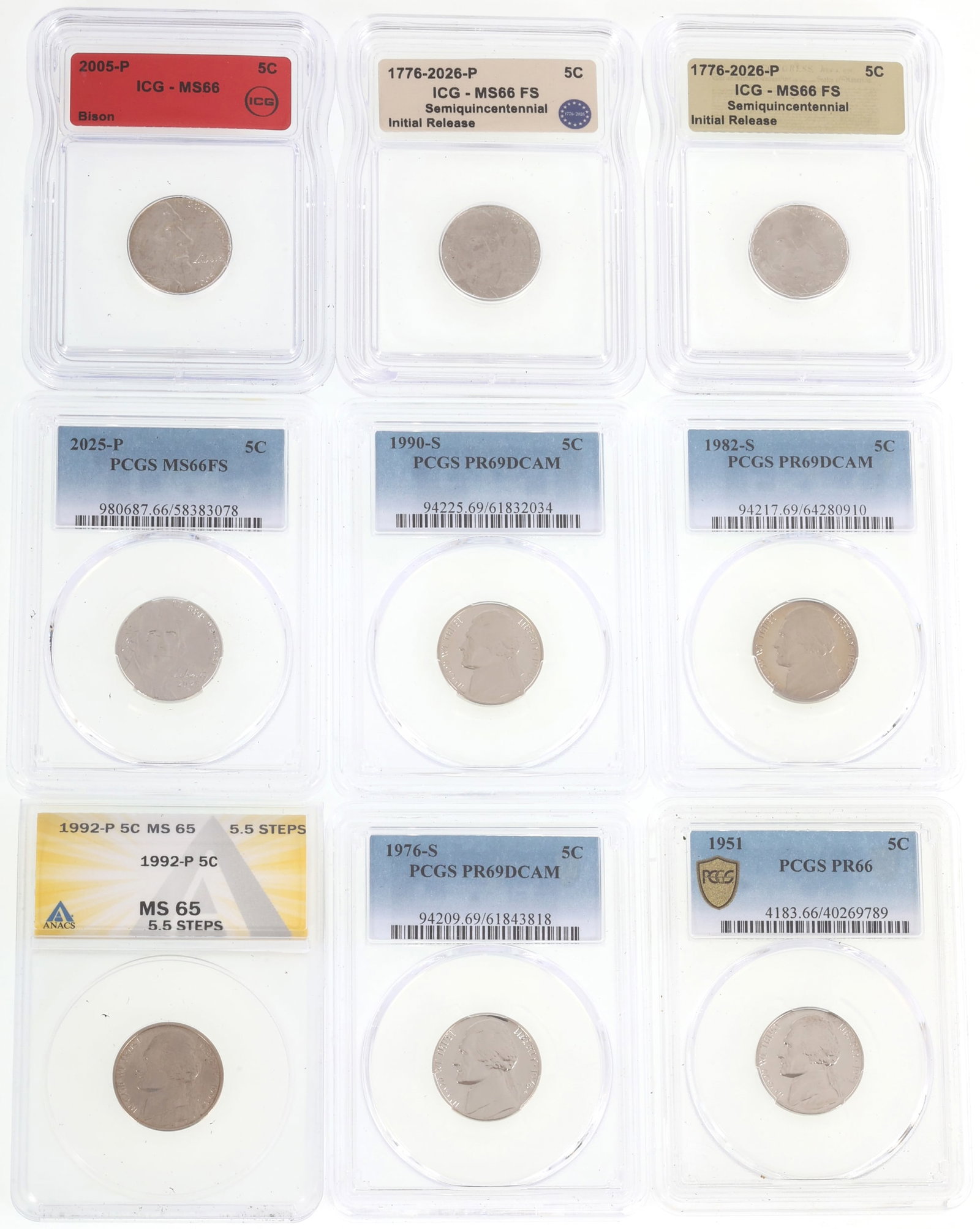 US 5C JEFFERSON COINS ANACS, ICG, PCGS: US 5C JEFFERSON COINS ANACS, ICG, PCGS Nine graded United States clad 5c Jefferson coins: ANACS 1992-P, 5.5 steps, MS 65 I