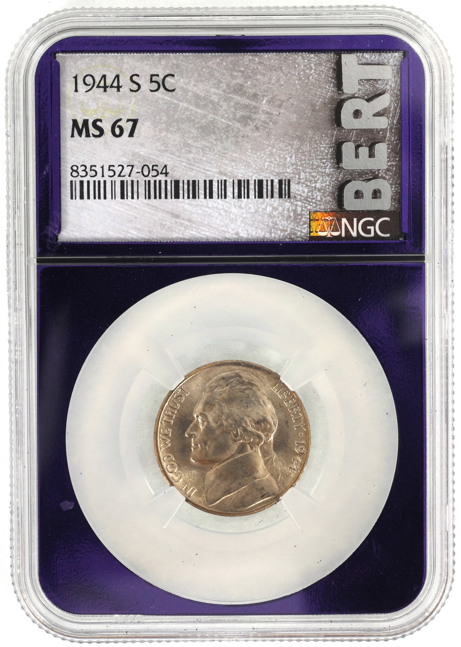 1944-S US 5C JEFFERSON NICKEL COIN NGC MS 67 TRADERBEA: 1944-S US 5C JEFFERSON NICKEL COIN NGC MS 67 TRADERBEA NGC graded 1944-S United States 5c Jefferson war nickel, MS 67, with purple Traderbea core. IMPORTANT NOTE - PLEASE READ: REGARDING OU