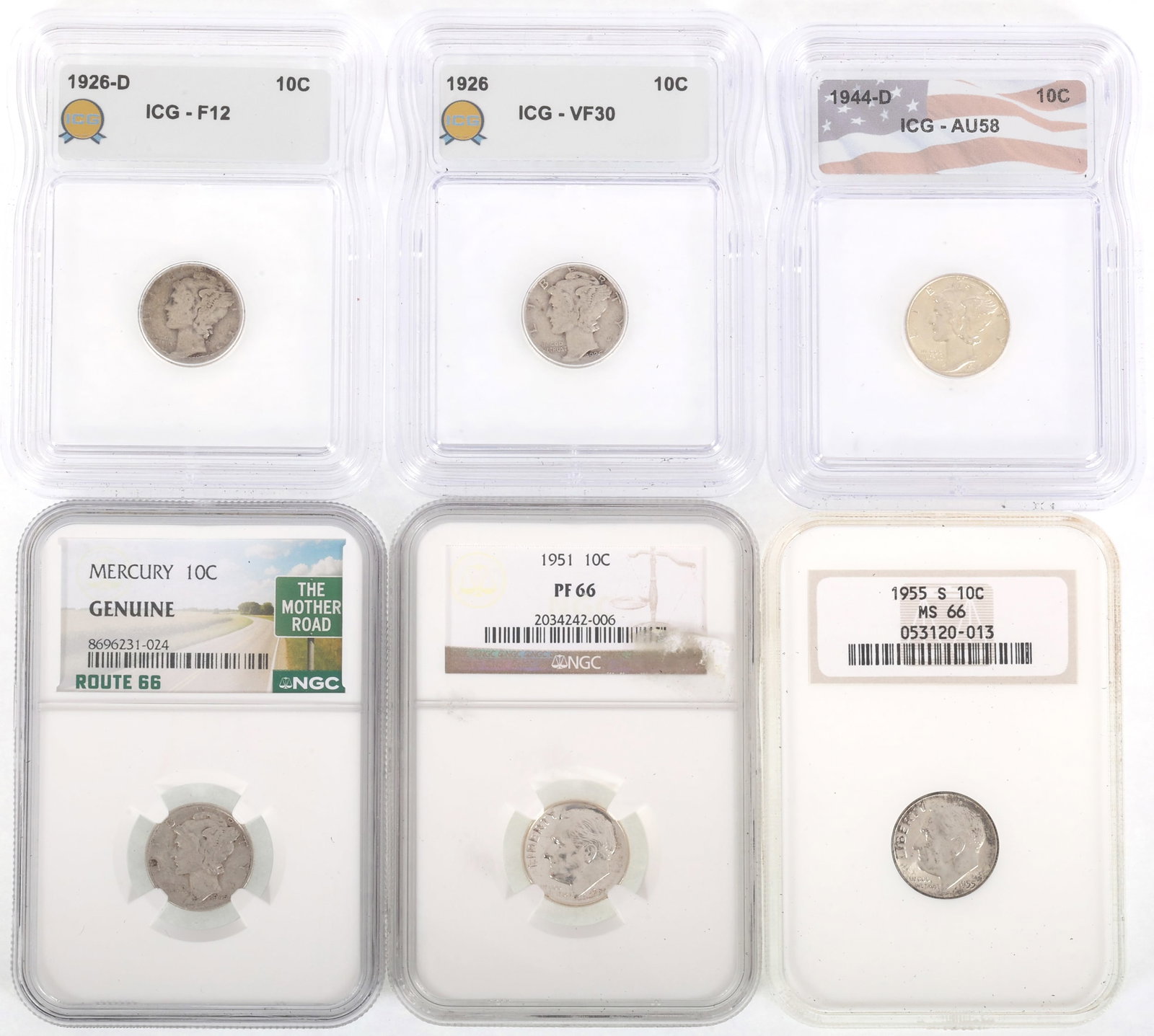 US SILVER 10C MERCURY & ROOSEVELT COINS NGC & ICG: US SILVER 10C MERCURY & ROOSEVELT COINS NGC & ICG Six graded United States .900 silver 10c Mercury and Roosevelt dimes: ICG 1926-D, F 12 1926, VF 30</