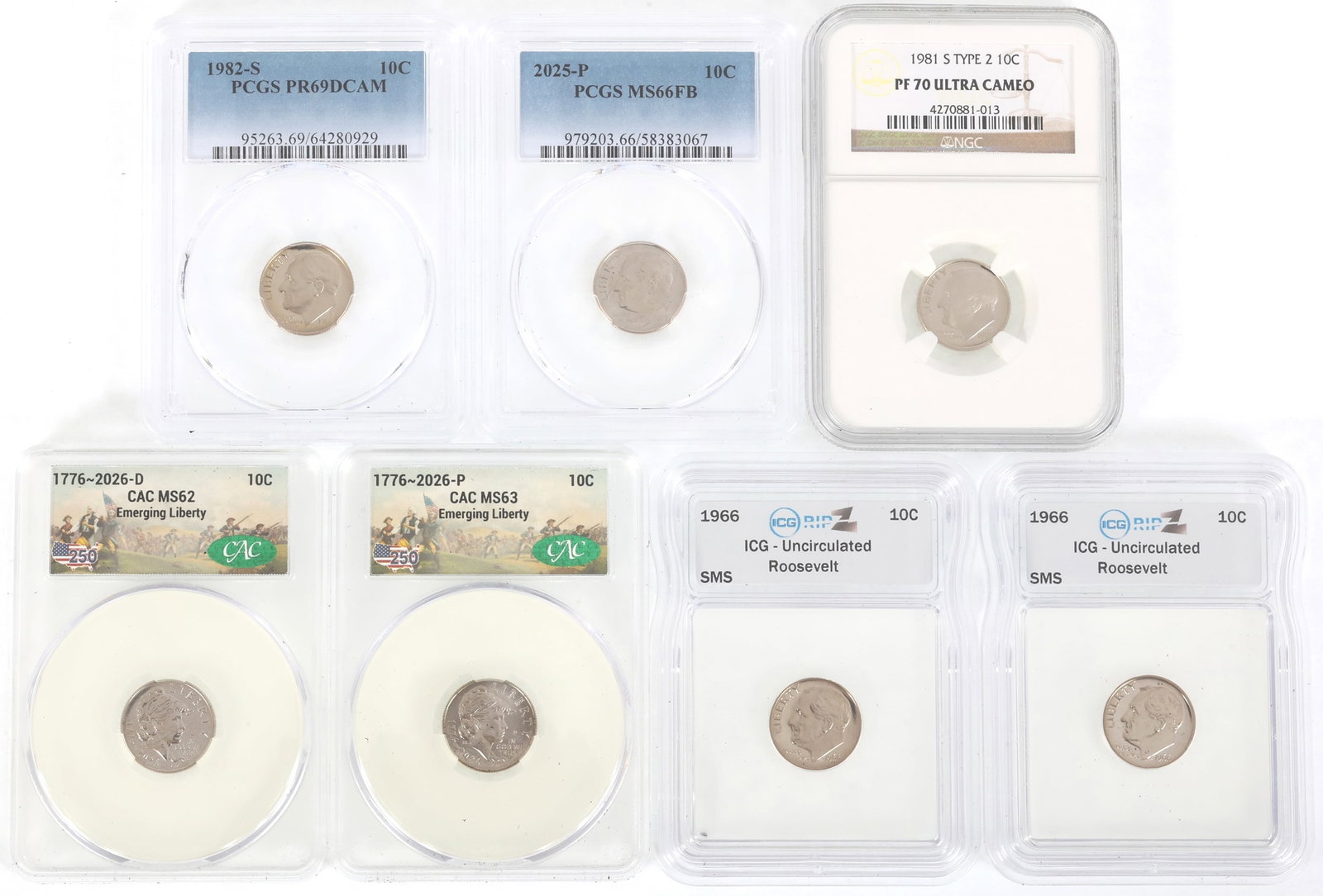 US 10C ROOSEVELT & LIBERTY COINS ICG, NGC, PCGS, CAC: US 10C ROOSEVELT & LIBERTY COINS ICG, NGC, PCGS, CAC Seven graded United States clad 10c coins: ICG (2) 1966 Roosevelt, Uncirculated