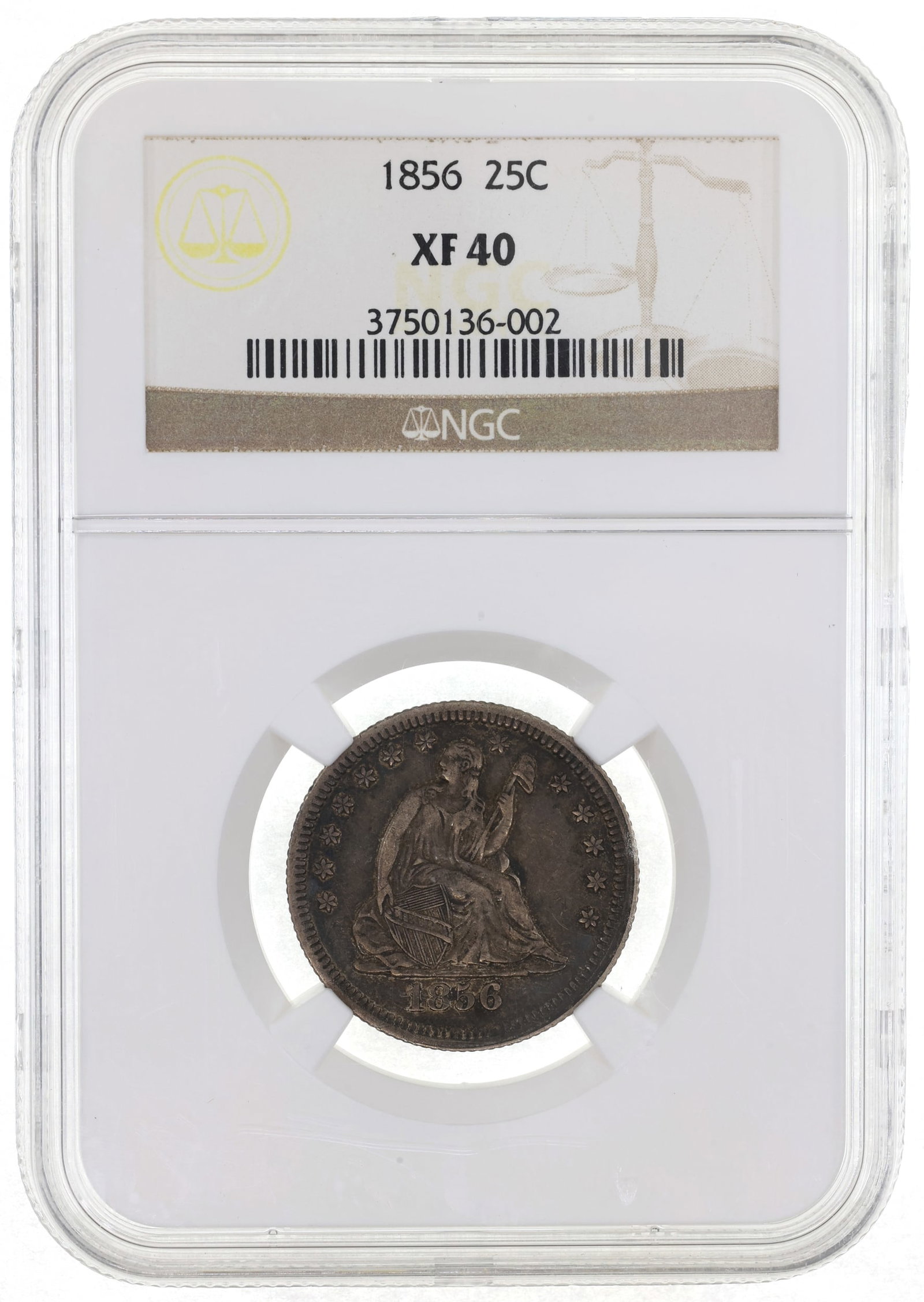 1856 US SILVER 25C SEATED LIBERTY COIN NGC XF 40: 1856 US SILVER 25C SEATED LIBERTY COIN NGC XF 40 NGC graded 1856 United States .900 silver 25c Seated Liberty coin, XF 40. IMPORTANT NOTE - PLEASE READ: REGARDING OUR IN-HOUSE SHIPPING &
