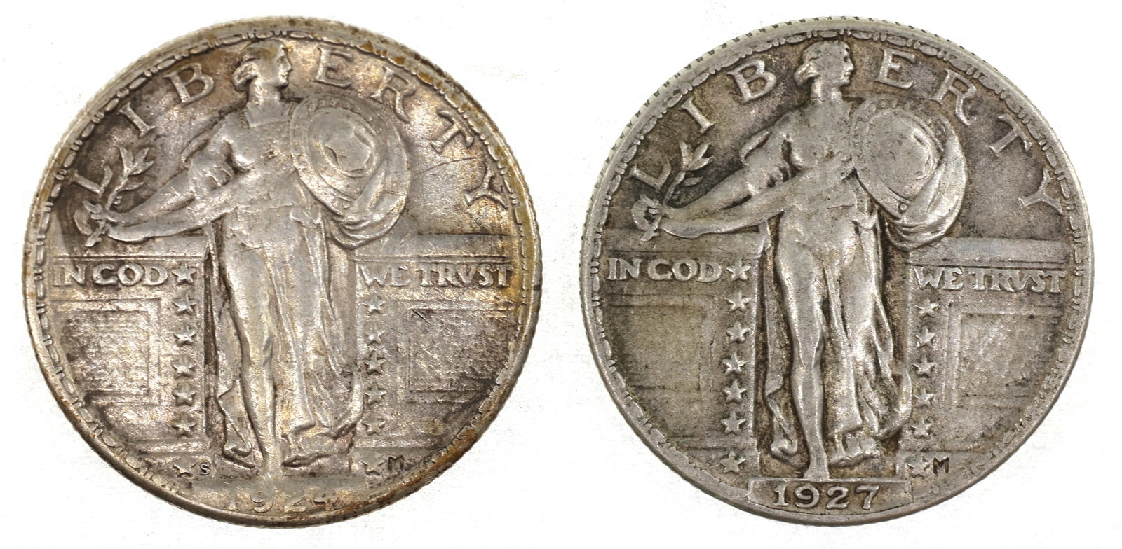 1924 & 1927 US SILVER 25C STANDING LIBERTY COINS VF (1 of 2)