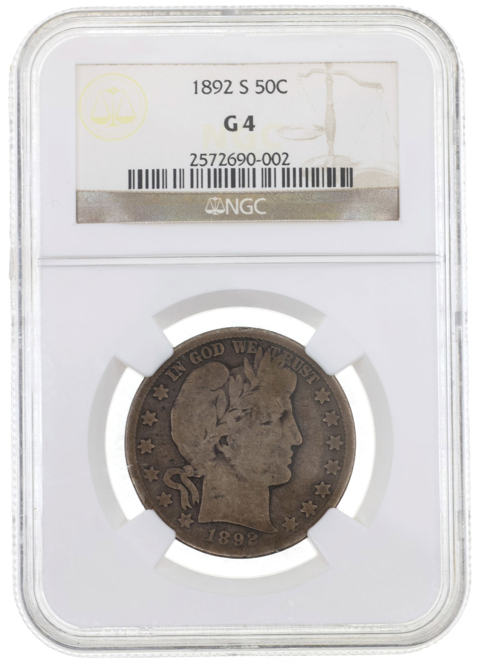 1892-S US SILVER 50C BARBER COIN NGC G 4 KEY DATE: 1892-S US SILVER 50C BARBER COIN NGC G 4 KEY DATE NGC graded 1892-S United States .900 silver 50c Barber half dollar, G 4, Key Date. IMPORTANT NOTE - PLEASE READ: REGARDING OUR IN-HOUSE SHIPPING 
