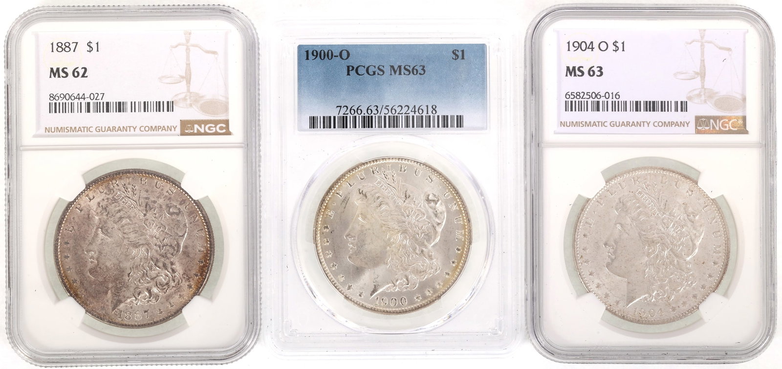 US SILVER MORGAN DOLLAR COINS NGC & PCGS: US SILVER MORGAN DOLLAR COINS NGC & PCGS Three graded United States .900 silver $1 Morgan coins: NGC 1887, MS 62 1904-O, MS 63
