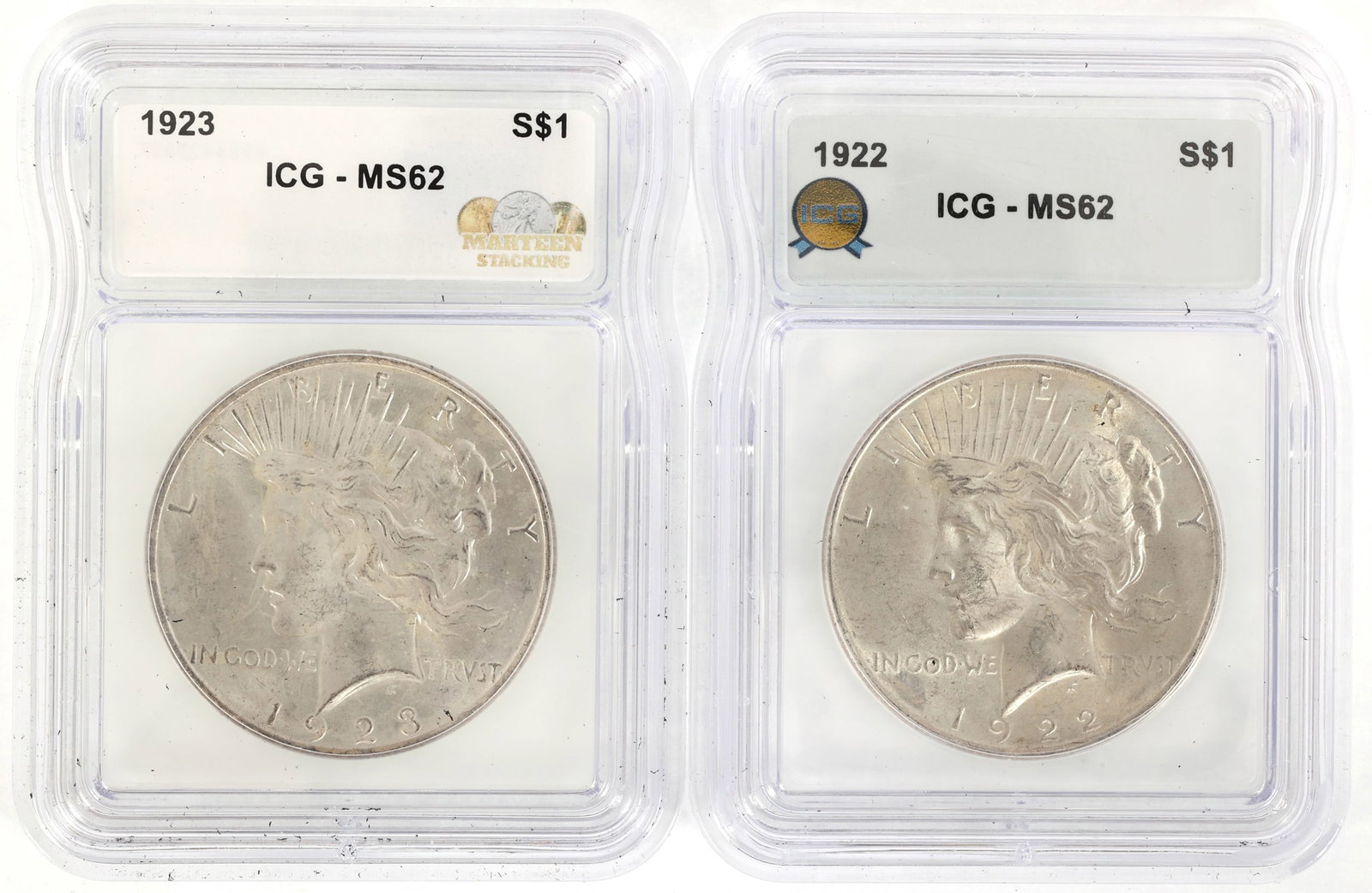 1922 & 1923 US SILVER PEACE DOLLAR COINS ICG MS62: 1922 & 1923 US SILVER PEACE DOLLAR COINS ICG MS62 Two ICG graded United States .900 silver Peace dollars, 1922 and 1923, MS 62. IMPORTANT NOTE - PLEASE READ: REGARDING OUR IN-HOUSE SHIPPING 