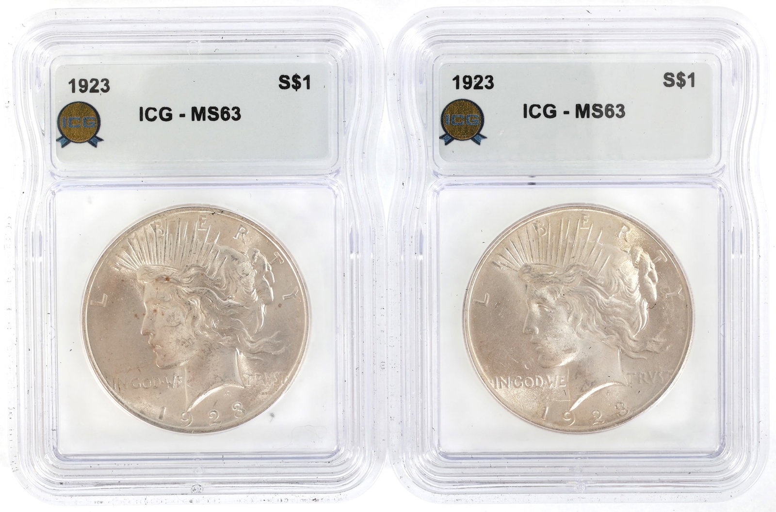 1923 US SILVER PEACE DOLLAR COINS ICG MS63: 1923 US SILVER PEACE DOLLAR COINS ICG MS63 Two ICG graded 1923 United States .999 silver Peace $1 coins, MS 63. IMPORTANT NOTE - PLEASE READ: REGARDING OUR IN-HOUSE SHIPPING & INVOICING Sh