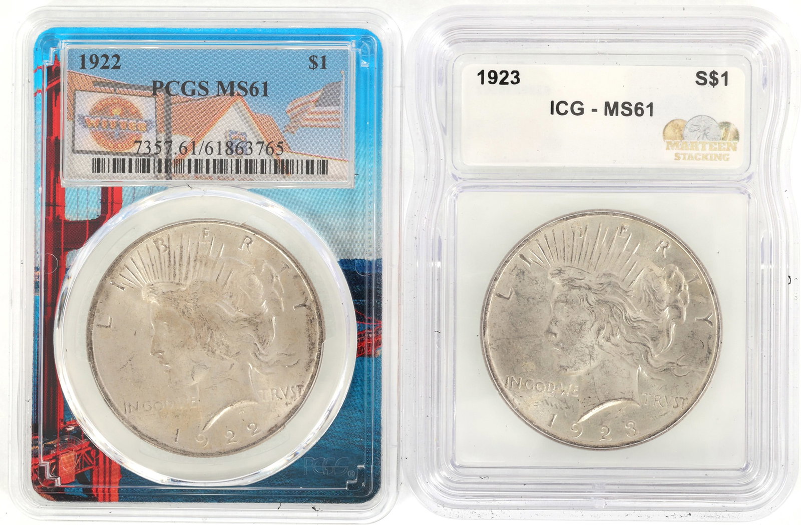 1922 & 1923 US SILVER PEACE DOLLAR COINS ICG & PCGS MS61: 1922 & 1923 US SILVER PEACE DOLLAR COINS ICG & PCGS MS61 Two graded United States .900 silver Peace $1 coins, MS 61: PCGS 1922 ICG&