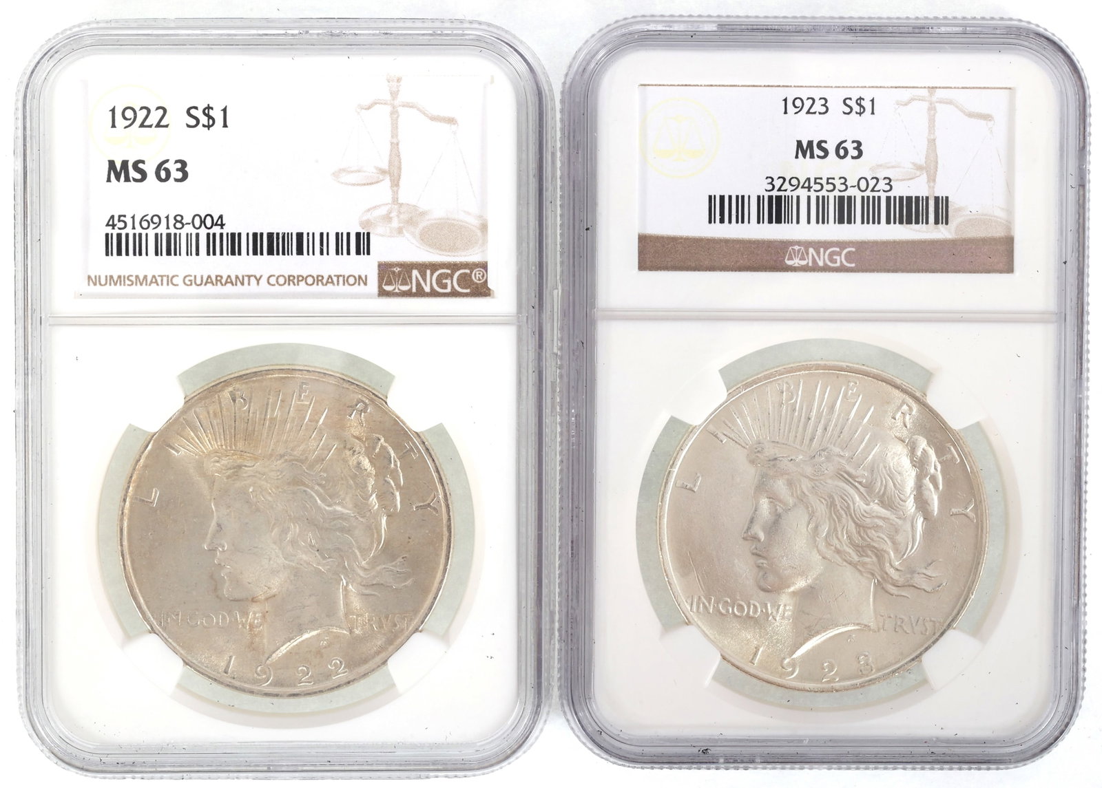1922 & 1923 US SILVER PEACE DOLLAR COINS NGC MS63: 1922 & 1923 US SILVER PEACE DOLLAR COINS NGC MS63 Two NGC graded United States .900 silver Peace $1 coins, 1922 and 1923, MS 63. IMPORTANT NOTE - PLEASE READ: REGARDING OUR IN-HOUSE SHIPPING