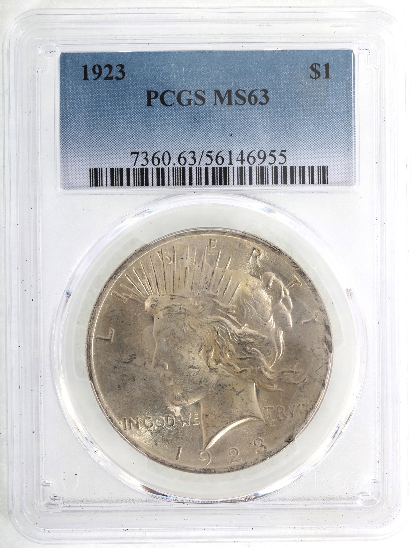 1923 US SILVER PEACE DOLLAR COIN PCGS MS63 (1 of 2)