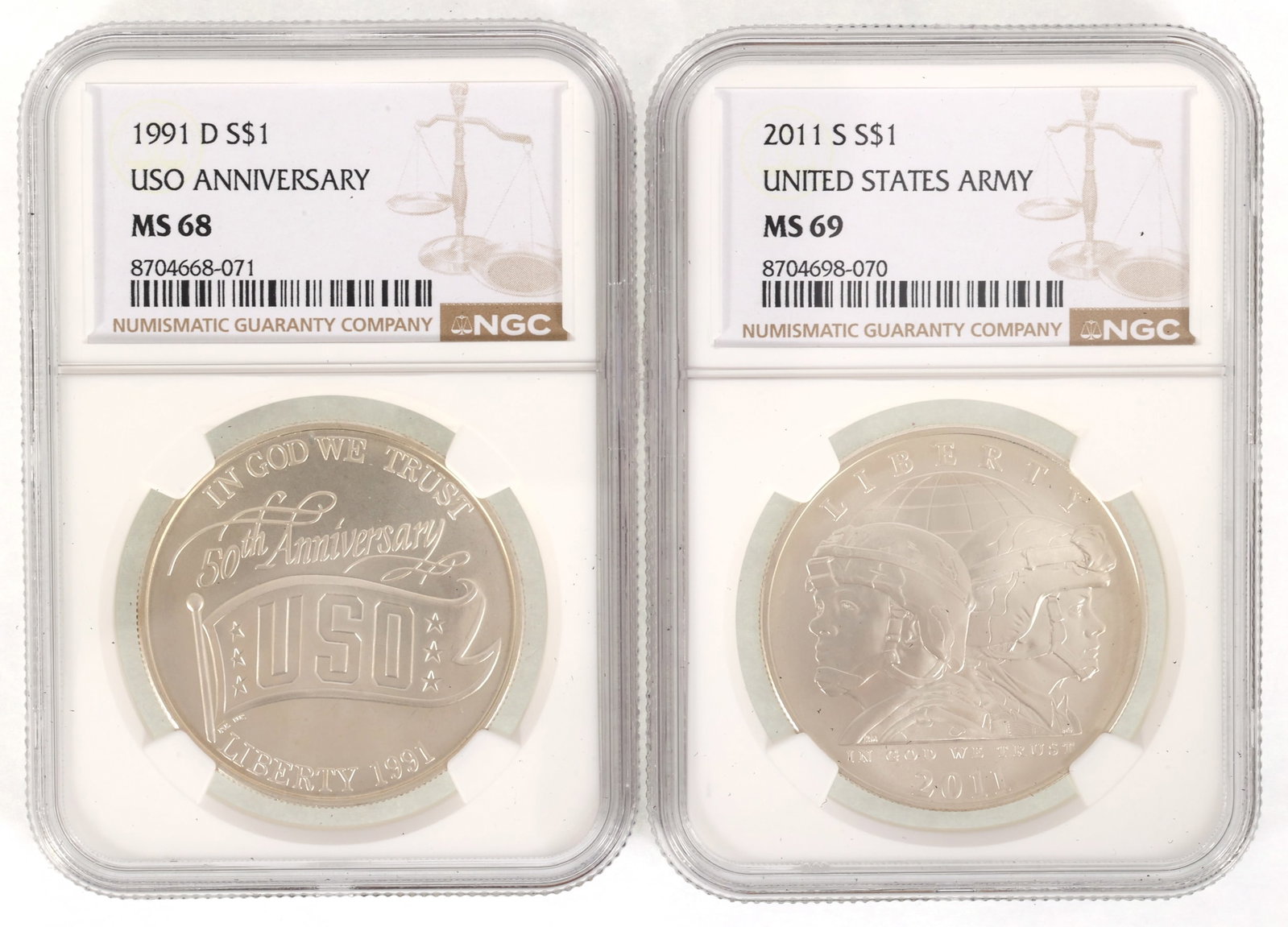 US SILVER $1 COMMEMORATIVE COINS NGC MS68 & MS69: US SILVER $1 COMMEMORATIVE COINS NGC MS68 & MS69 Two NGC graded United States .900 silver $1 commemorative coins: 1991-D USO Anniversary, MS 68 2011-S United States Army, MS 69