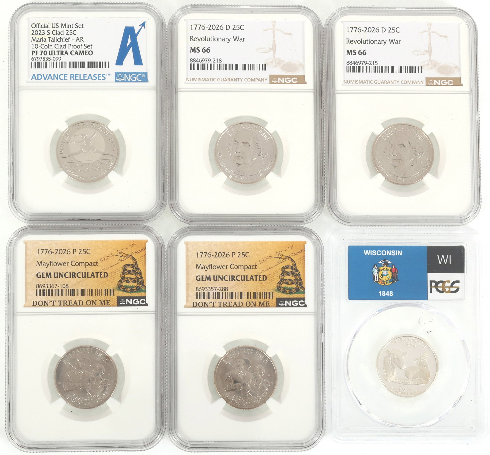 US 25C COMMEMORATIVE COINS NGC, PCGS: US 25C COMMEMORATIVE COINS NGC, PCGS Six graded United States clad 25c commemorative coins: NGC 2023-S Marla Tallchief, Advanced Release, PF 70 Ultra Cameo (2) 2026-D