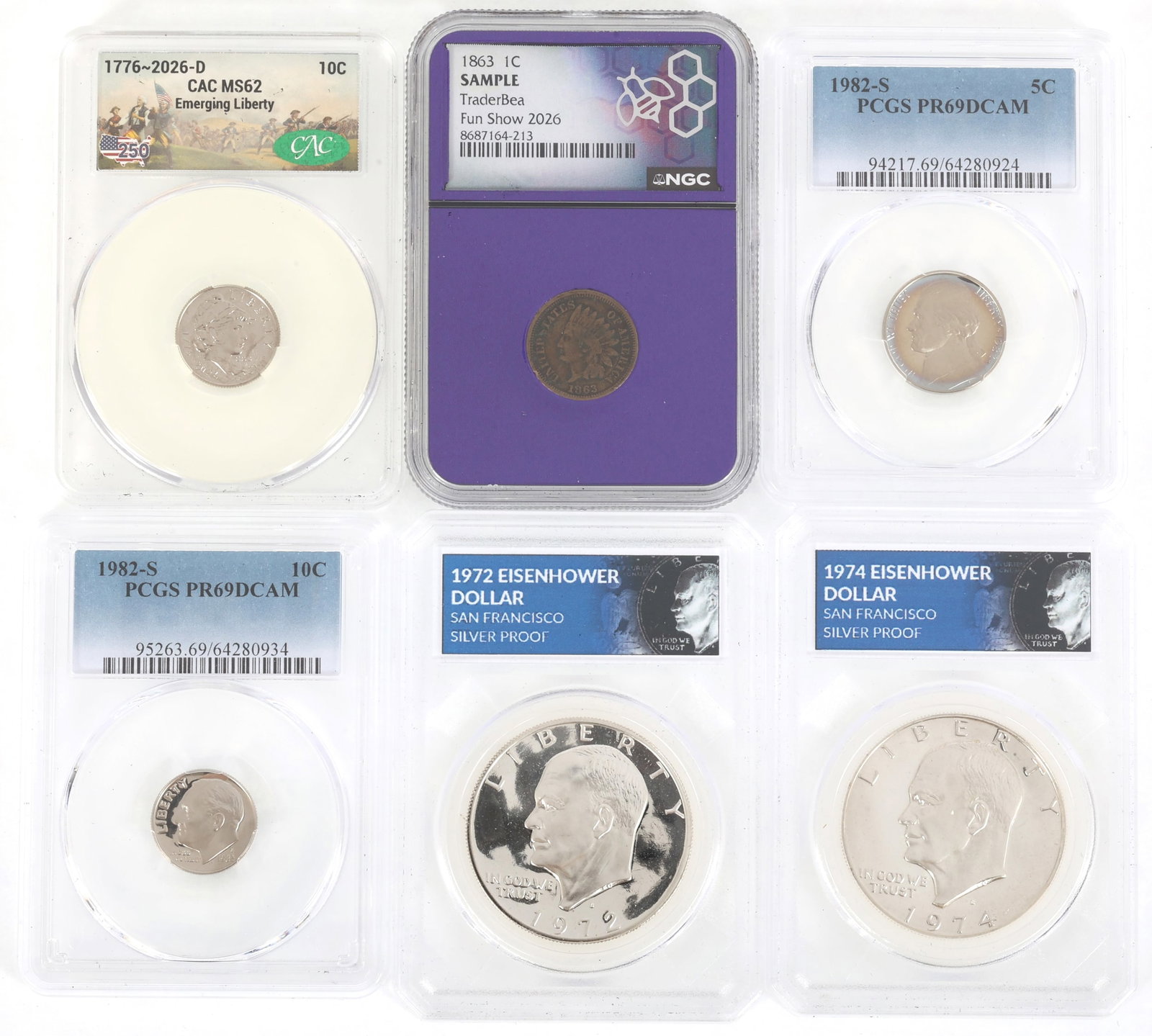 US 40% SILVER & CLAD 1, 5, 10C, $1 COINS CAC, NGC, PCGS: US 40% SILVER & CLAD 1, 5, 10C, $1 COINS CAC, NGC, PCGS Graded United States coins: CAC 2026-D 10c Emerging Liberty, MS 62 NGC