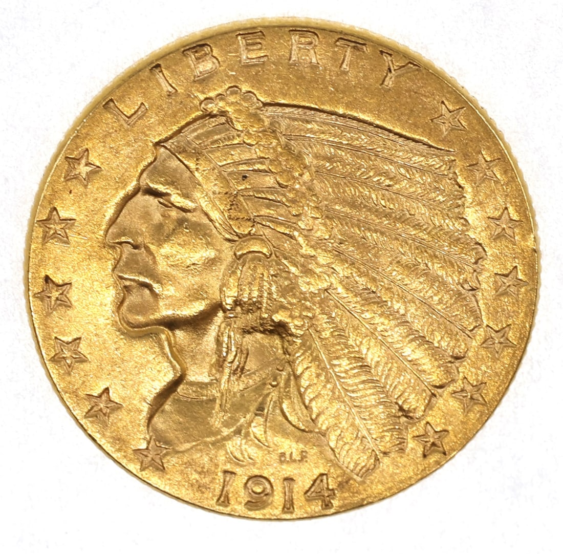 1914 US GOLD $2.50 INDIAN HEAD QUARTER EAGLE COIN AU+: 1914 US GOLD $2.50 INDIAN HEAD QUARTER EAGLE COIN AU+ 1914 United States 90% gold $2.50 Indian Head quarter Eagle, AU+. IMPORTANT NOTE - PLEASE READ: REGARDING OUR IN-HOUSE SHIPPING & INVOICING 