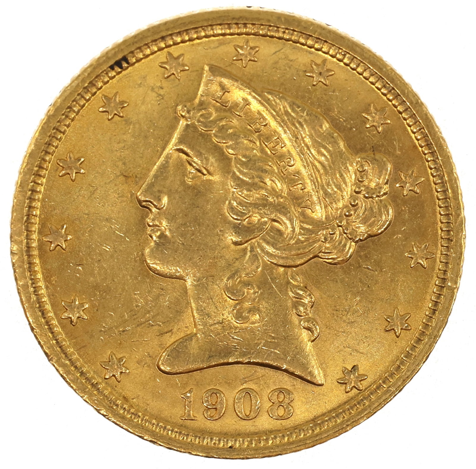 1908 US GOLD $5 LIBERTY HEAD HALF EAGLE COIN MS (1 of 2)